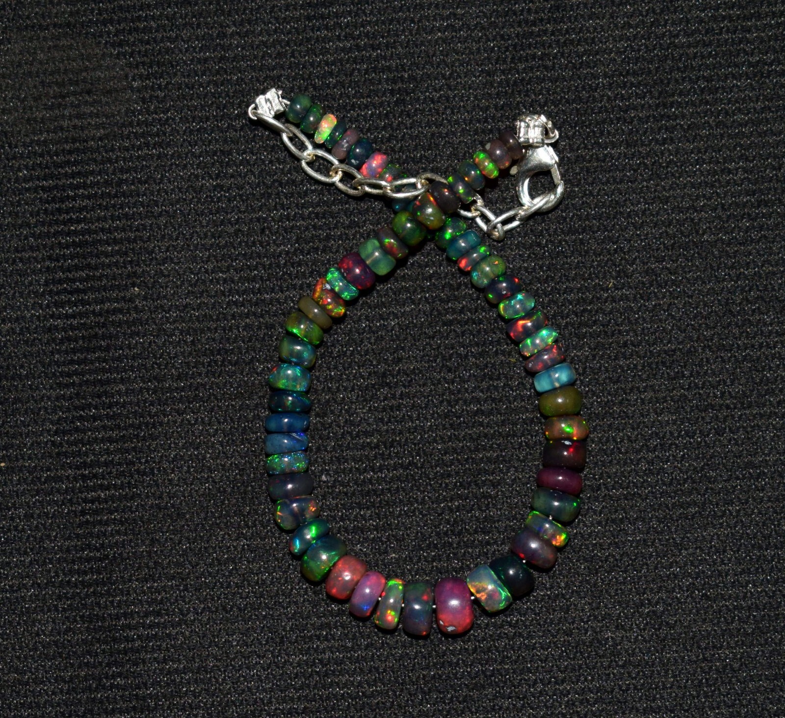 Solid 925 Sterling Silver Natural Ethiopian Opal Gemstone Beads 7"Bracelet F0362