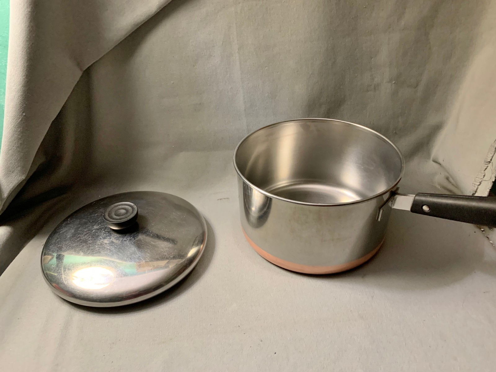 VTG PRE 68 REVERE WARE 4 QT SAUCE POT PAN LONG HANDLE LID COPPER STAINLESS STEEL