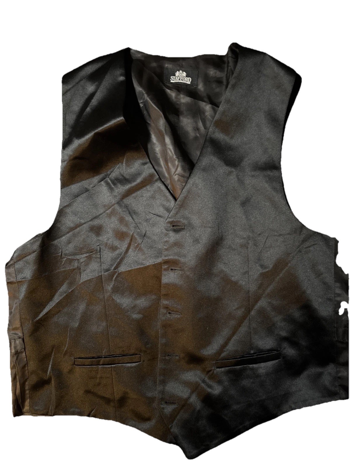 Stafford Formal Wear Mens Black Satin Tuxedo Vest Adjustable Cinch Back 5 Button