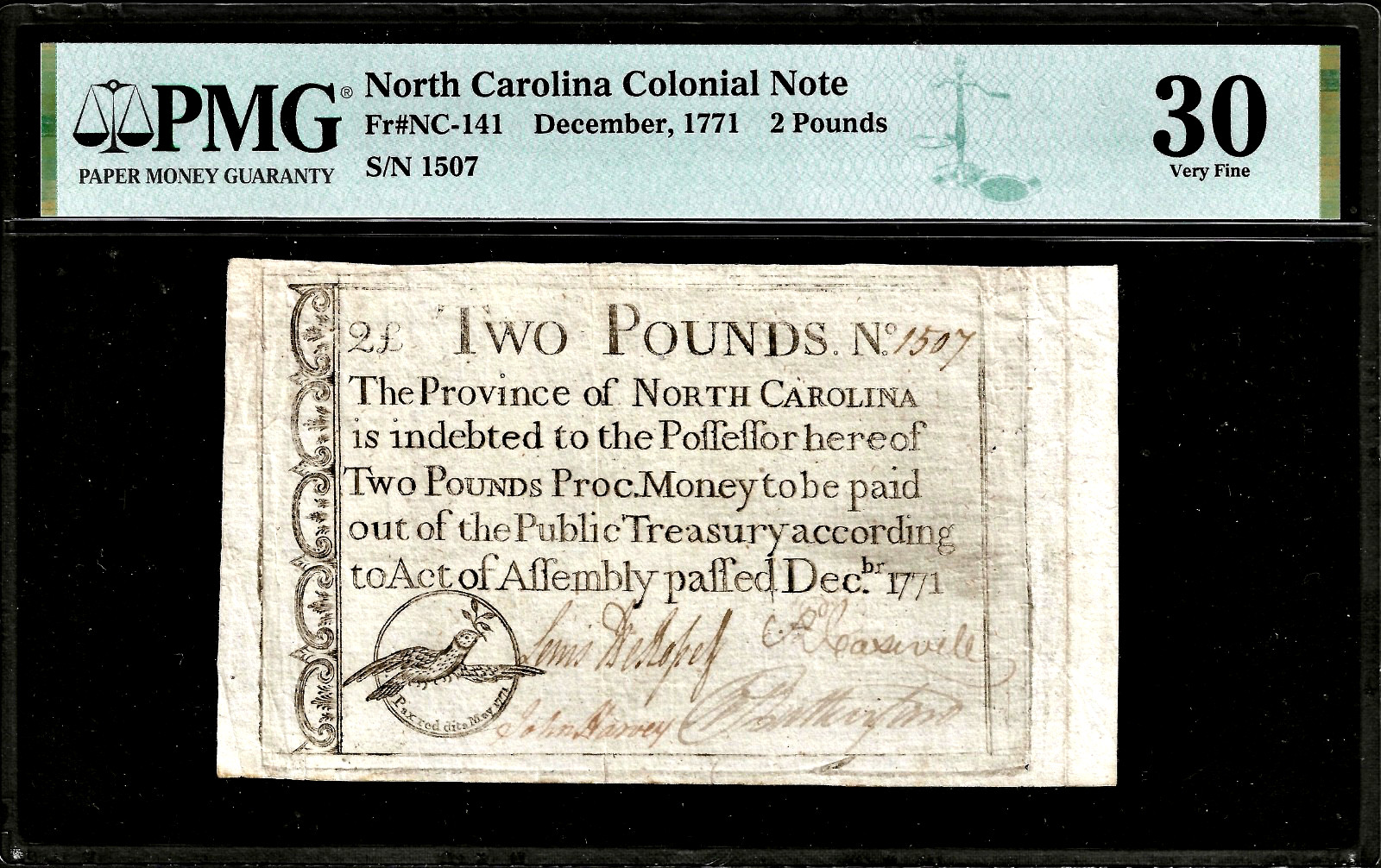 Dec 1771 North Carolina Colonial Currency Issued £2 Pound Note NC-141 PMG VF30
