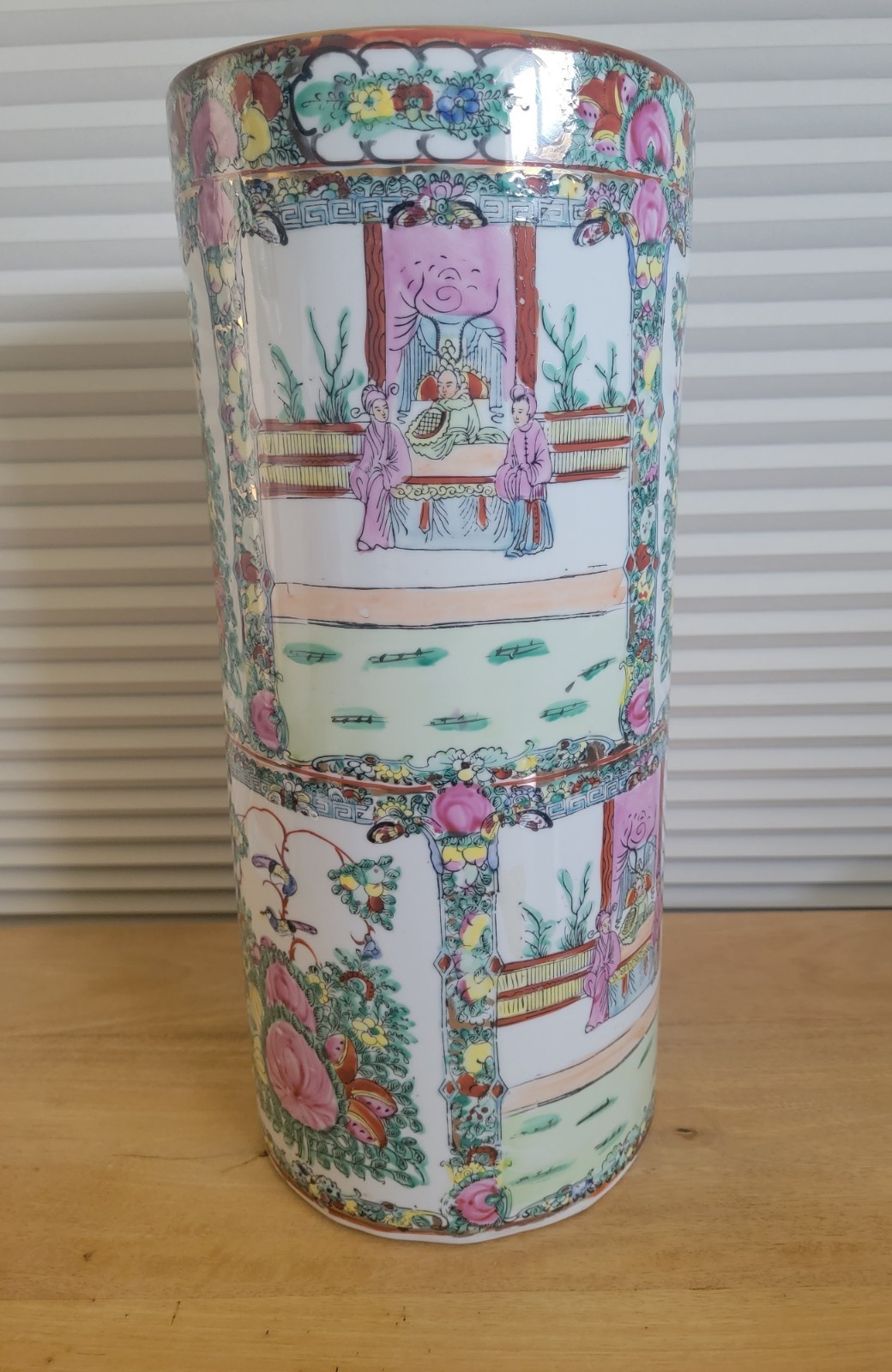 Vintage Porcelain Asian Umbrella Stand Pot Hand Painted 18 3/8" x 8 1/8"