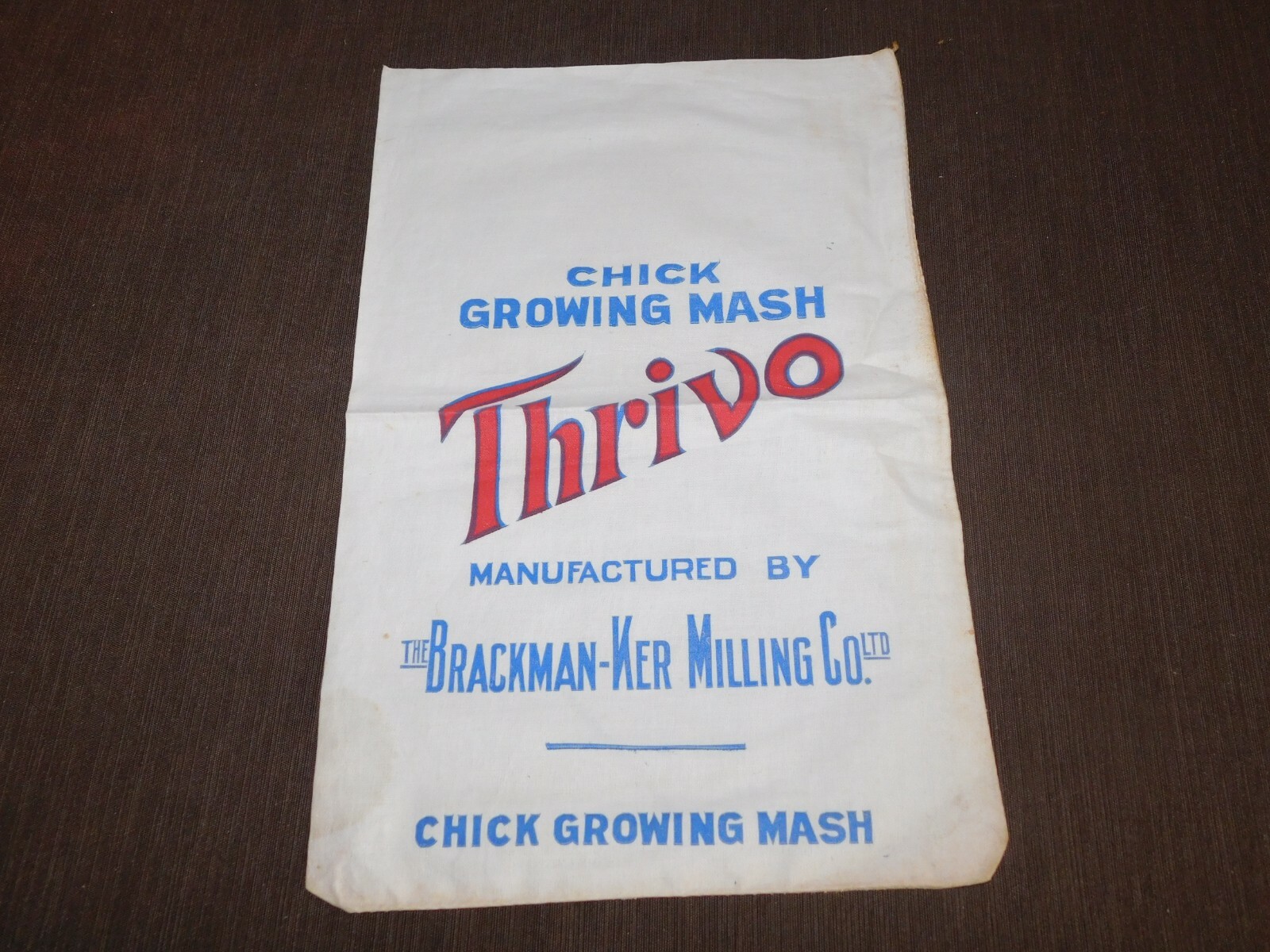 VINTAGE 16" X 10"  THRIVO CHICK MASH BRACKMAN-KER MILLING CO FEED CLOTH SACK