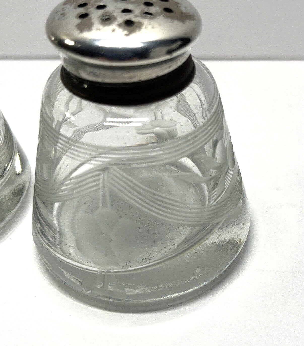 Etched Hand-Blown Glass Salt & Pepper Shaker Set Sterling Silver Tops - Vintage