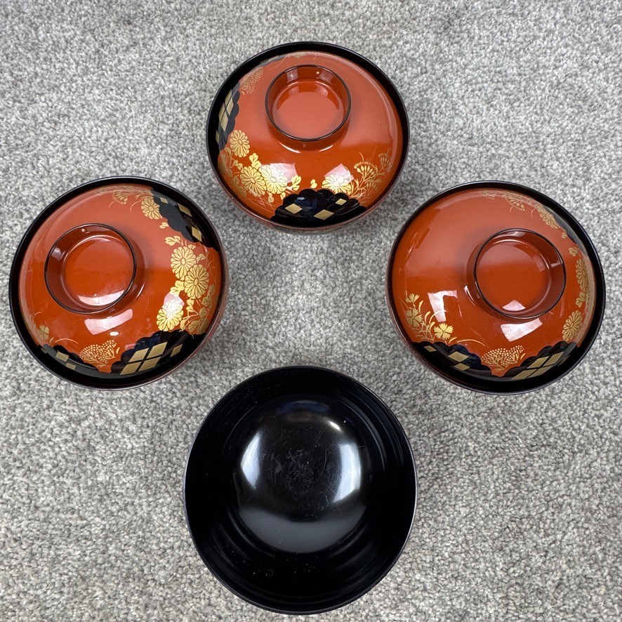 5 Showa Period Wajima-Nuri Owan Serving Bowls 3 Lids & Lacquered Wood Tray Japan