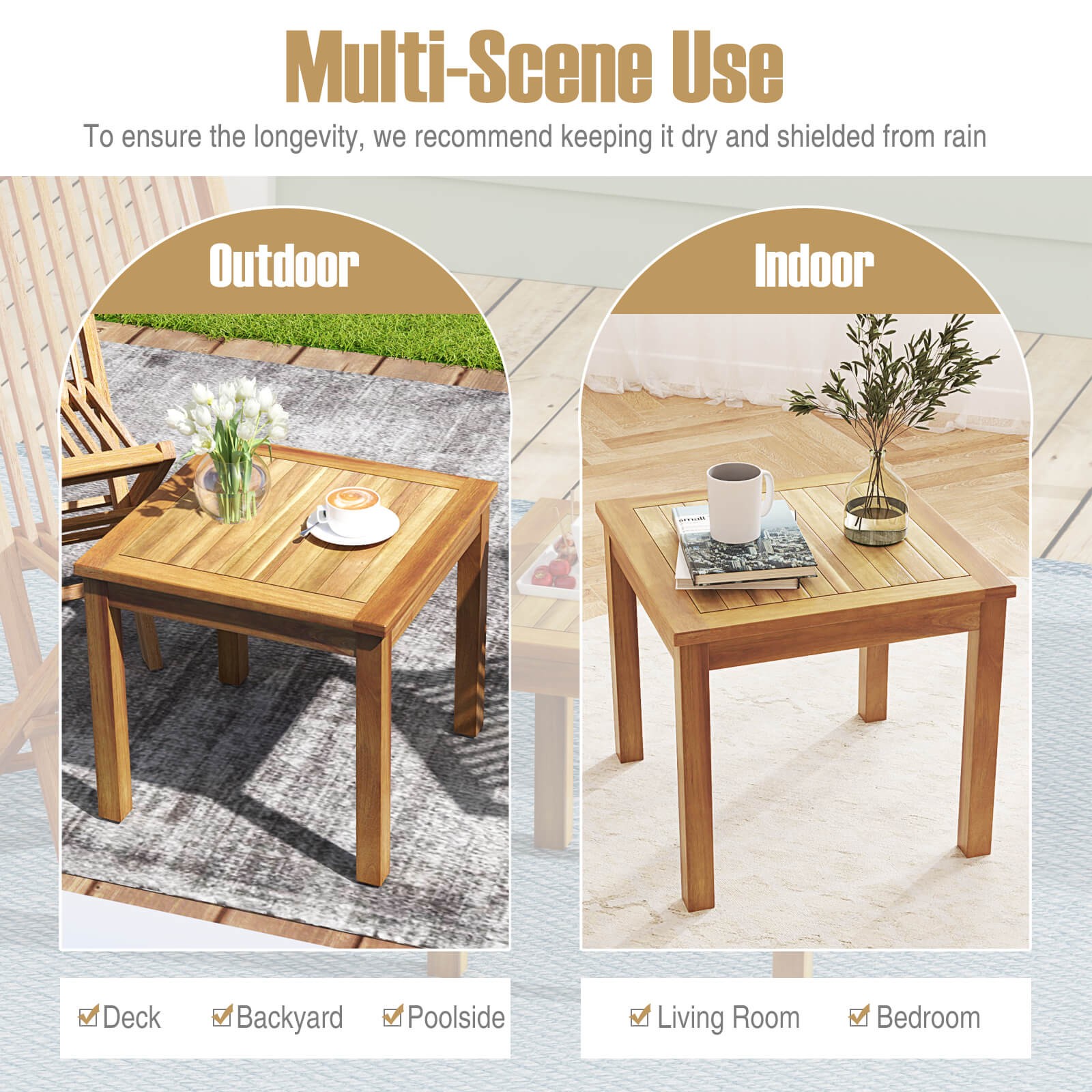 Outdoor Square Teak Wood End Table Coffee Table for Porch Deck Garden Patio