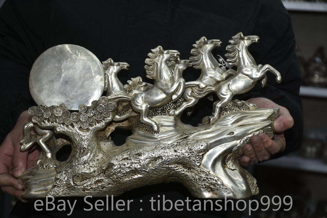 14.8" Rare Old Chinese Dynasty Silver Fengshui 12 Zodiac 8 Horse Word Statue