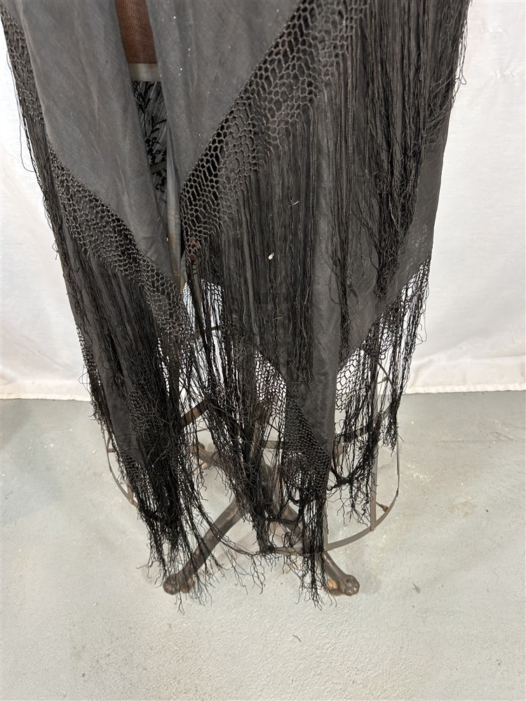 antique silk shawl embroidered black large 62 x 62 fringe 13 in. original 1800
