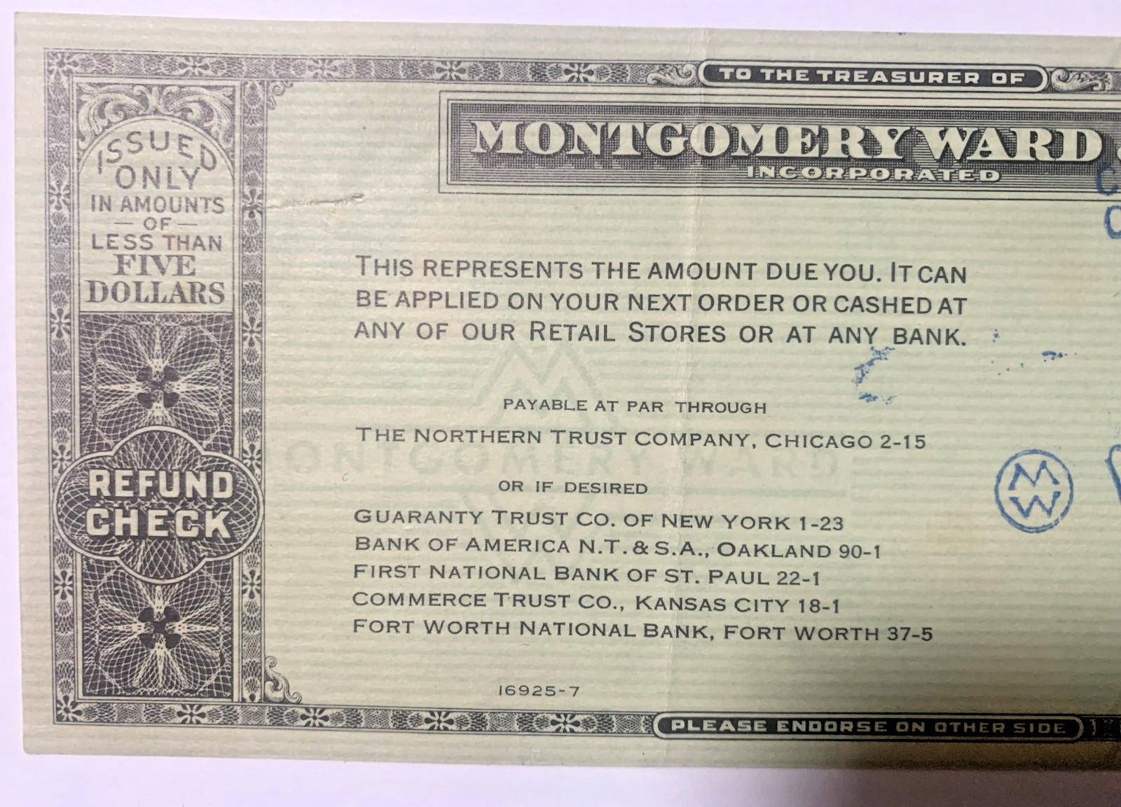 Vintage Dec. 1936 Montgomery Ward Refund Check for 02 Cent