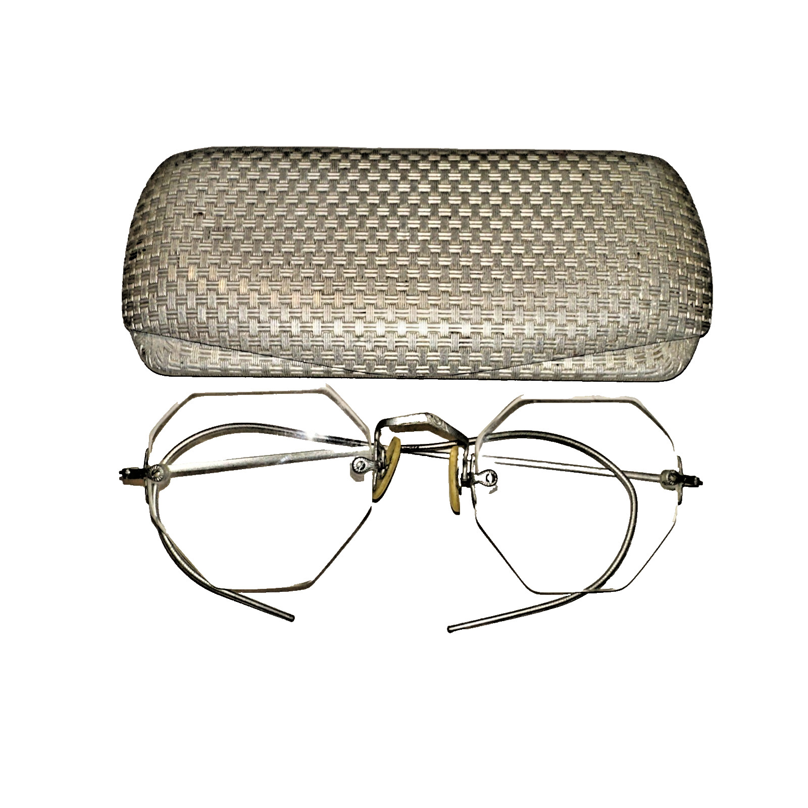 antique octagonal rimless eyeglasses silver tone basket weave  metal case