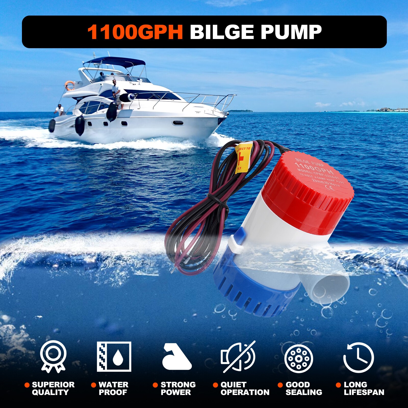 1100 GPH Boat Bilge Water Pump 12V 1-1/8 Inch Dia Bilge Pump Plumbing Kit W/Hose