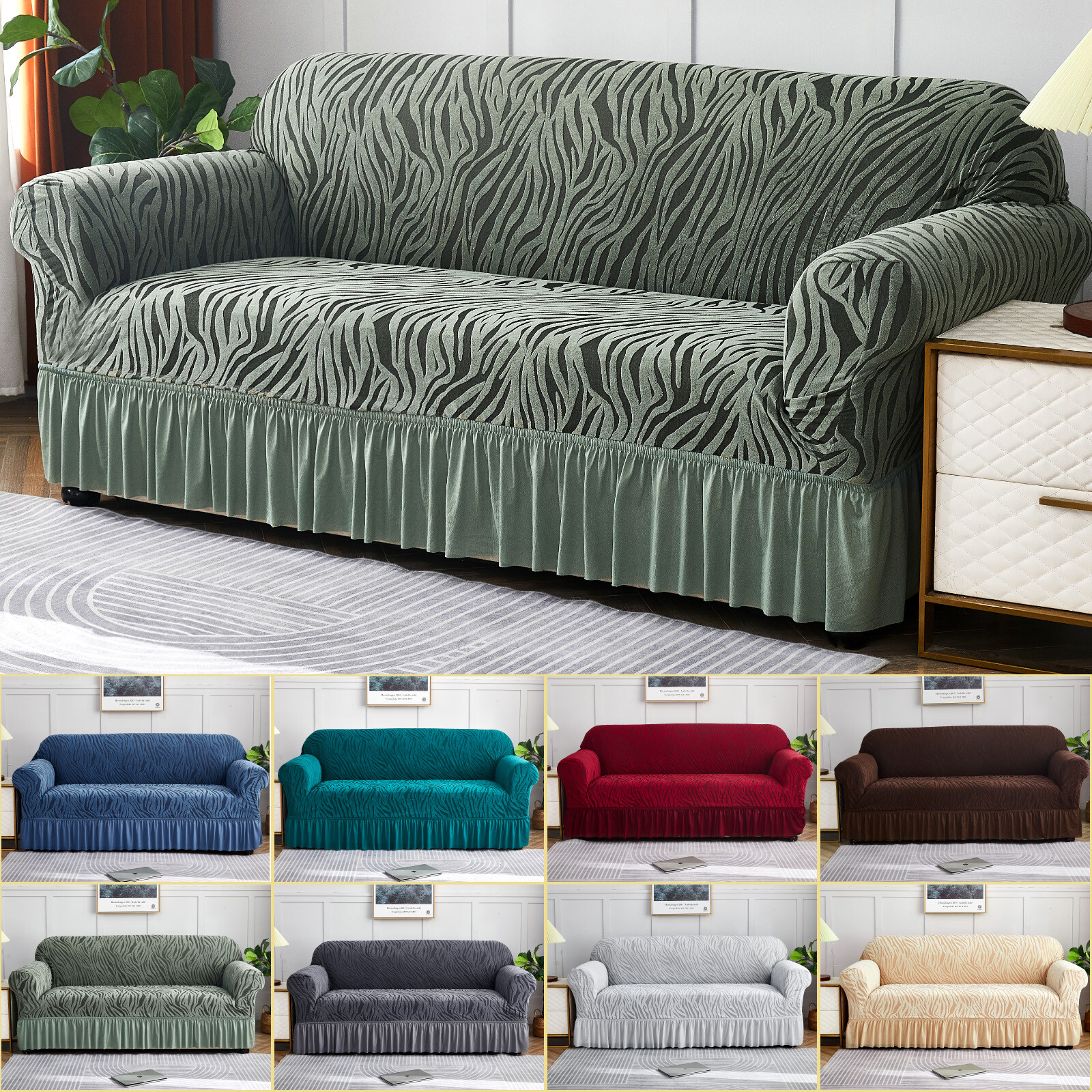 High Stretch Sofa Couch Cover w/Skirt Hem Full-Cover Jacquard Slipcover Non Slip