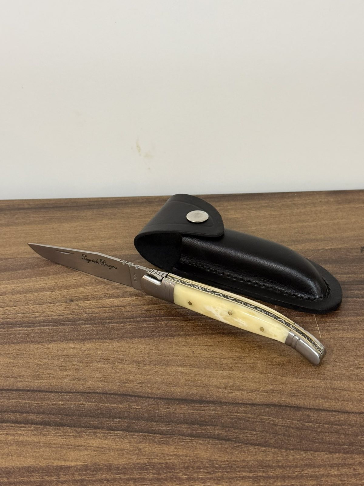 Vintage Laquiole Pocket Knife Blade Steel Antler Handle Leather Sheath Mens Rare