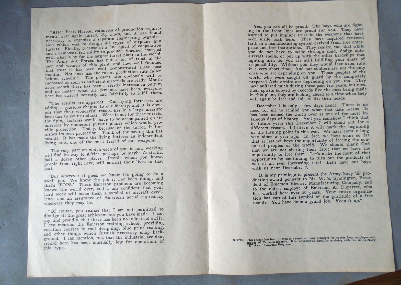 Army-Navy "E" Award Presetation Speech, 1942 Emerson Electric, St Louis