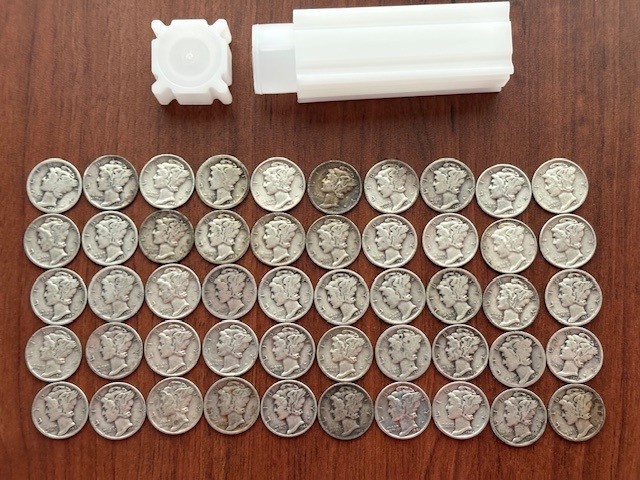$5 FACE 90% SILVER MERCURY DIMES – 1  FULL ROLL (50 Coins) –Mixed Dates  $5FV
