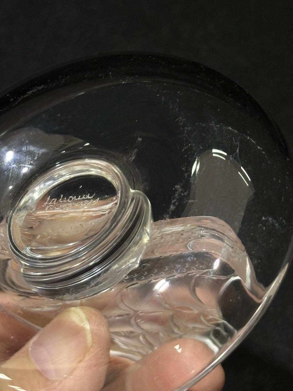 Vintage Lalique France Crystal Ship Etched Trinket Ring Dish Holder Pin Tray