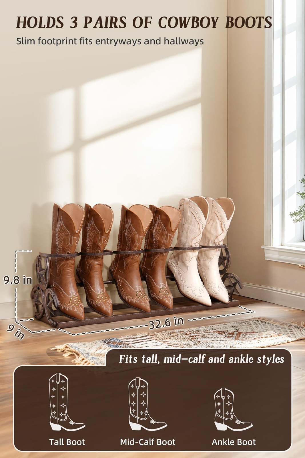 Western Horseshoe Boot Rack, 3 Pairs Freestanding Metal Boot Stand, Adjustabl...