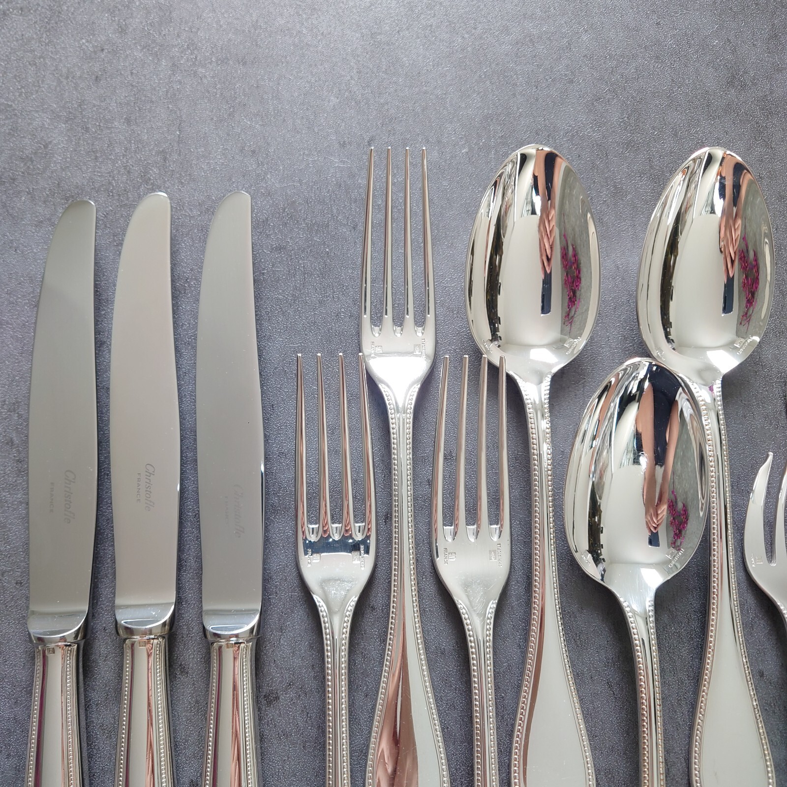 Christofle Perles 15pcs Silverplate Flatware Knife Fork Spoon Excellent