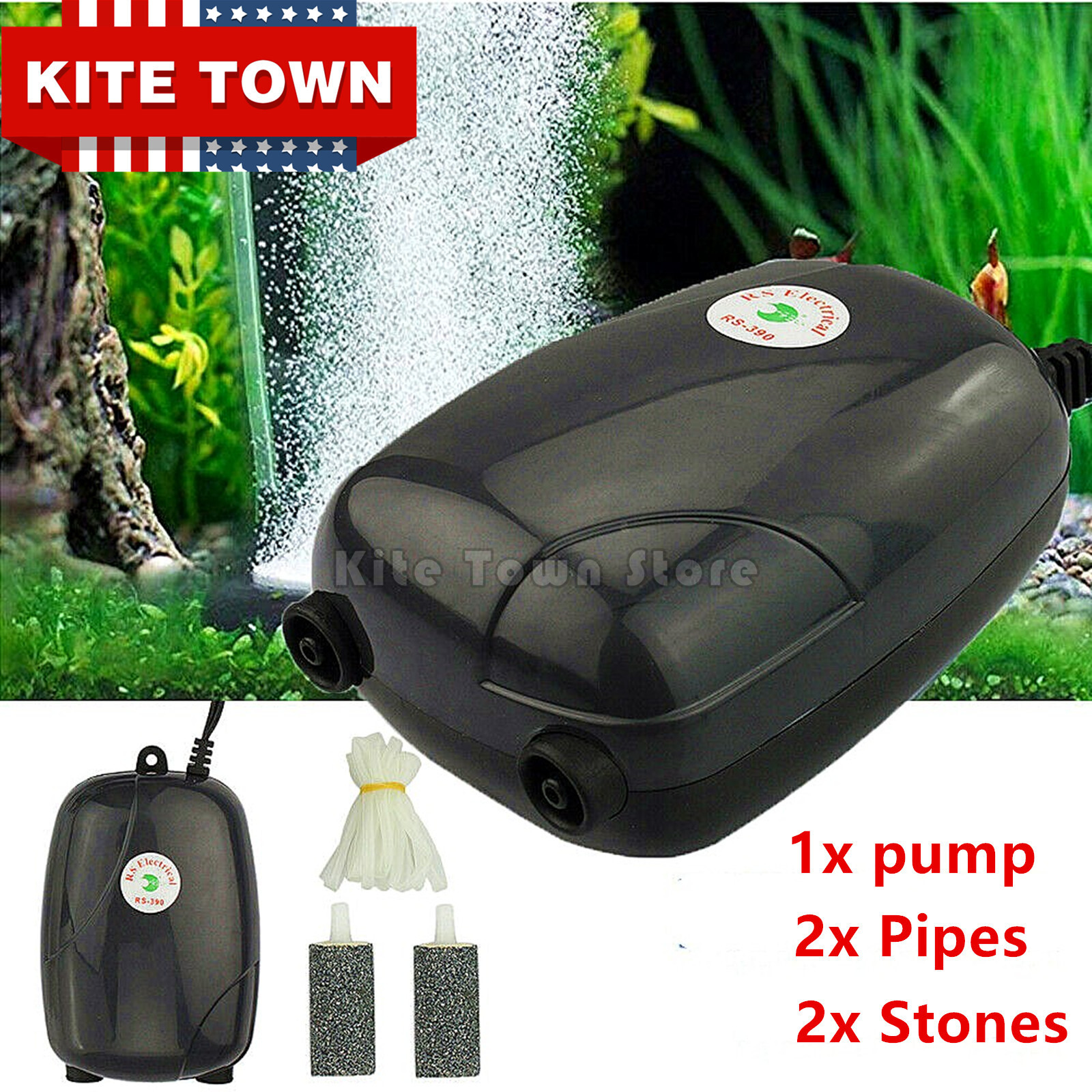 For 300 Gallon Aquarium Fish Tank Silent Air Pump 2 Outlet W/2 Air Stones+ Pipe