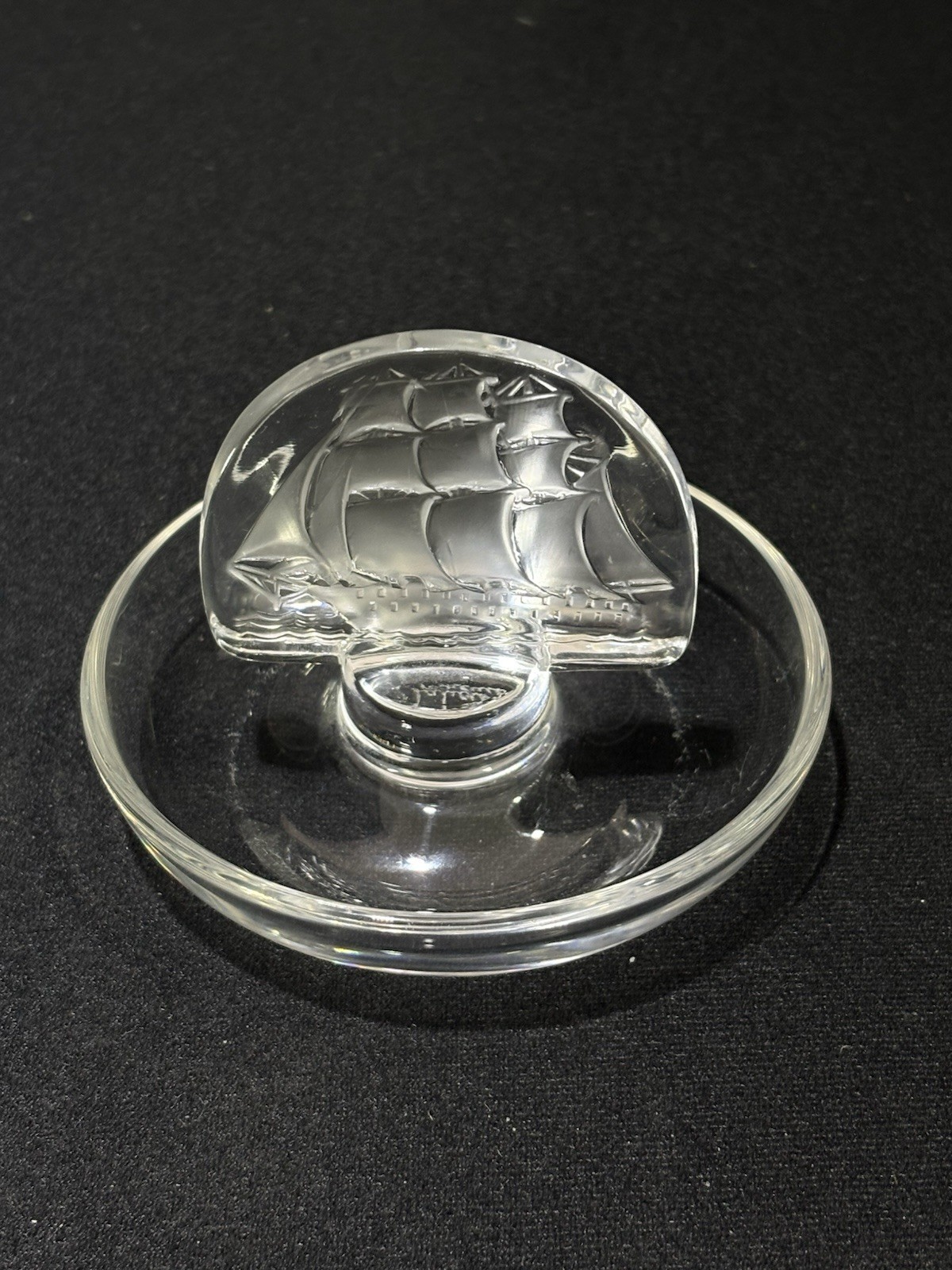 Vintage Lalique France Crystal Ship Etched Trinket Ring Dish Holder Pin Tray