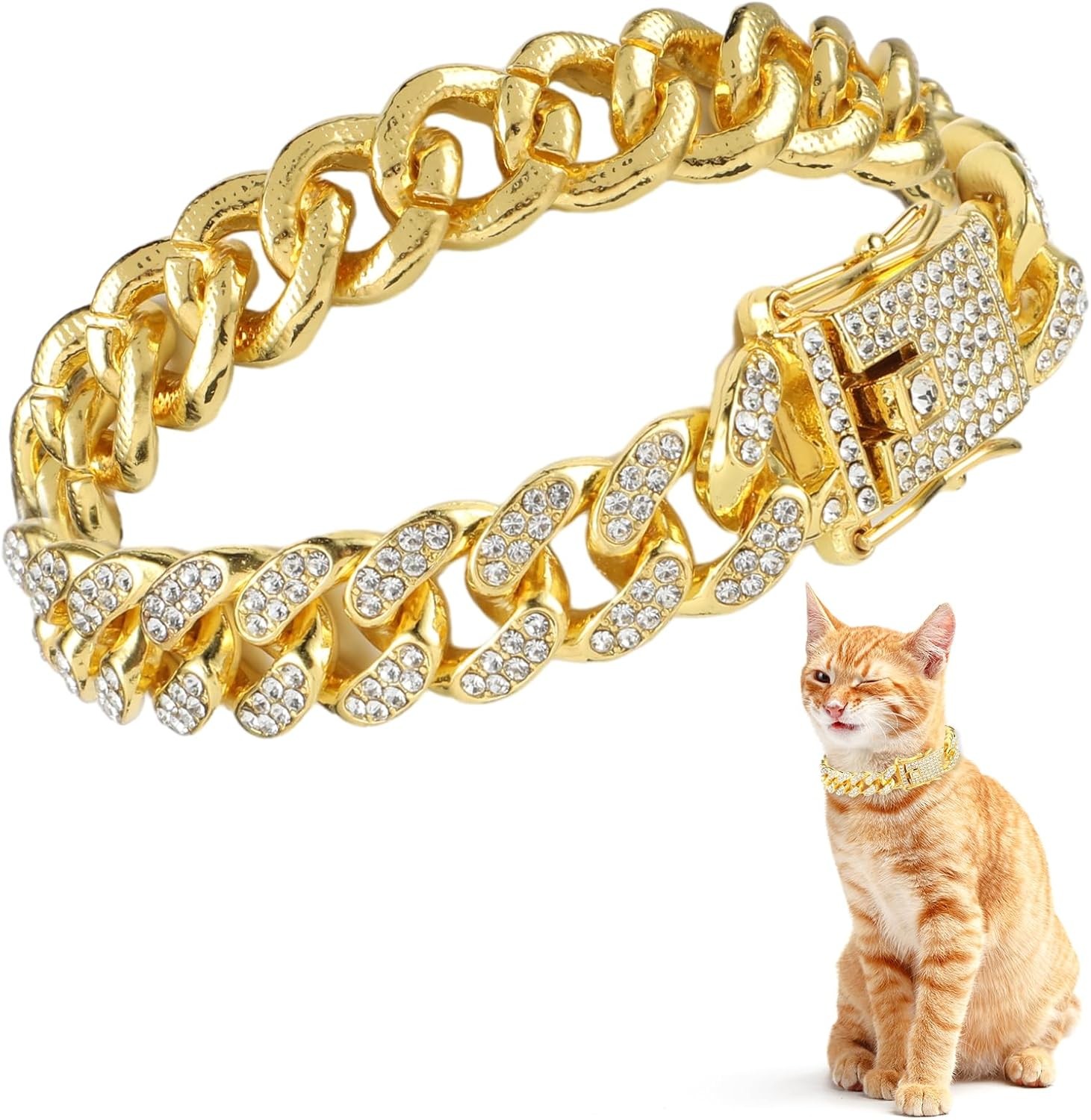 Cat Chain Collar, Diamond Cuban Link Kitten Walking Collar with Secure Buckle 12