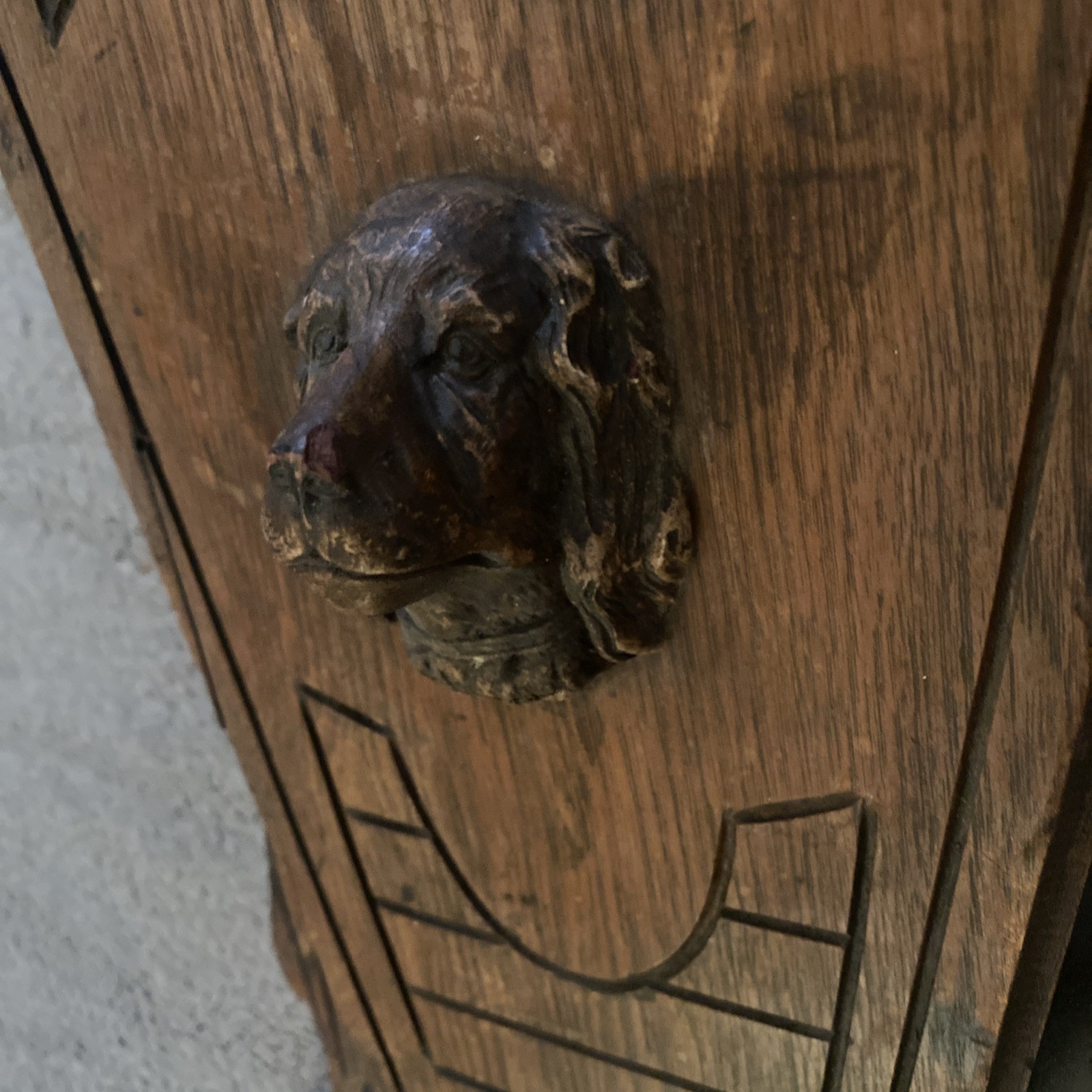 Antique Victorian Walnut Wall pocket Magazine Newspaper Rack Holder Spaniel Dog