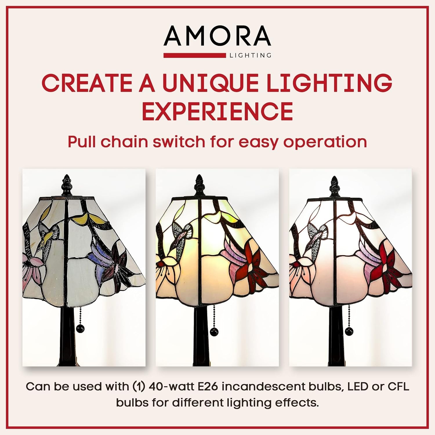 Tiffany Style Table Lamp Small Pink Hummingbird Office Nightstand Living Rm 15"