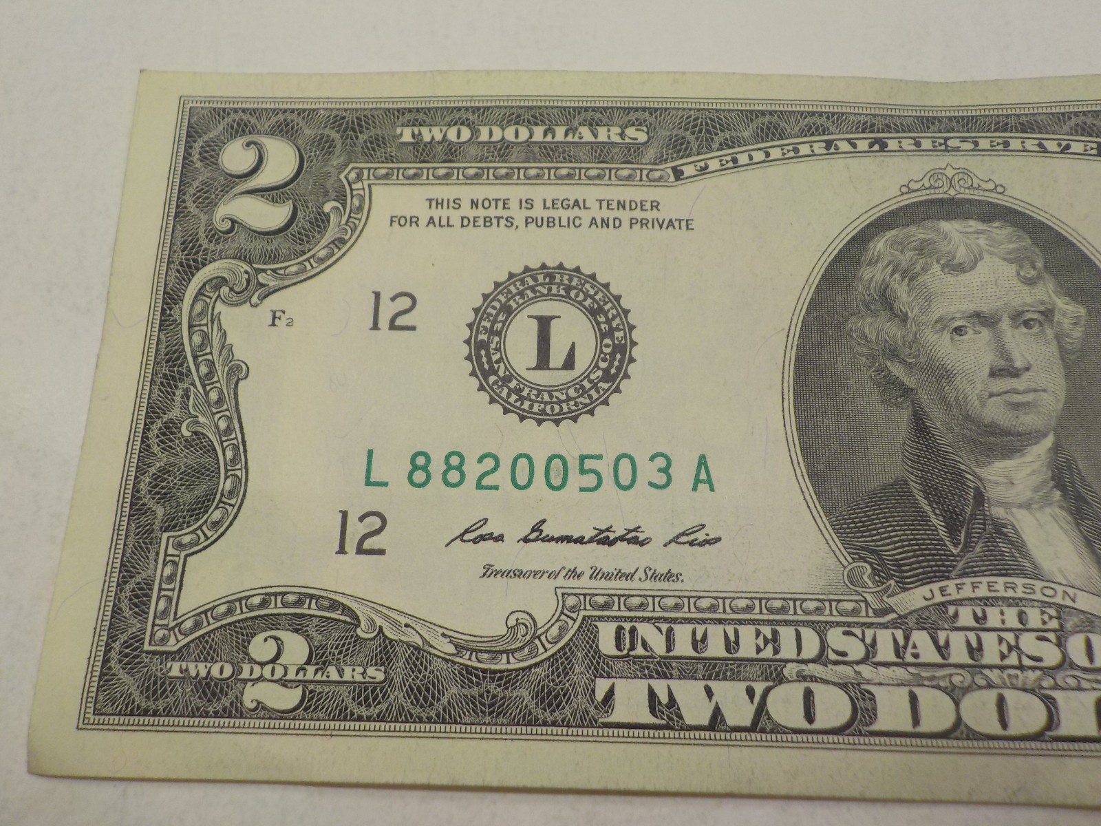 UNC $2 INK ERROR BOTH SERIAL NUMBER 0s & 8s FILLED IN L88200503A TWO DOLLAR BILL