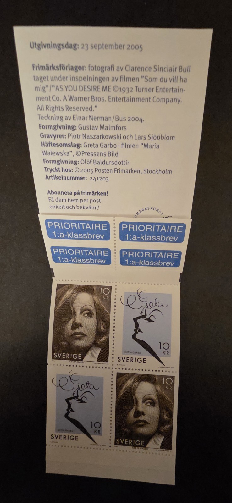 2005 Sweden Scott #2517C Greta Garbo, Complete Booklet of 4, Mint NH T19367