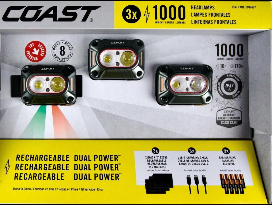 COAST 1000-Lumen HEADLAMP 3 Pack RECHARGEABLE DUAL POWER