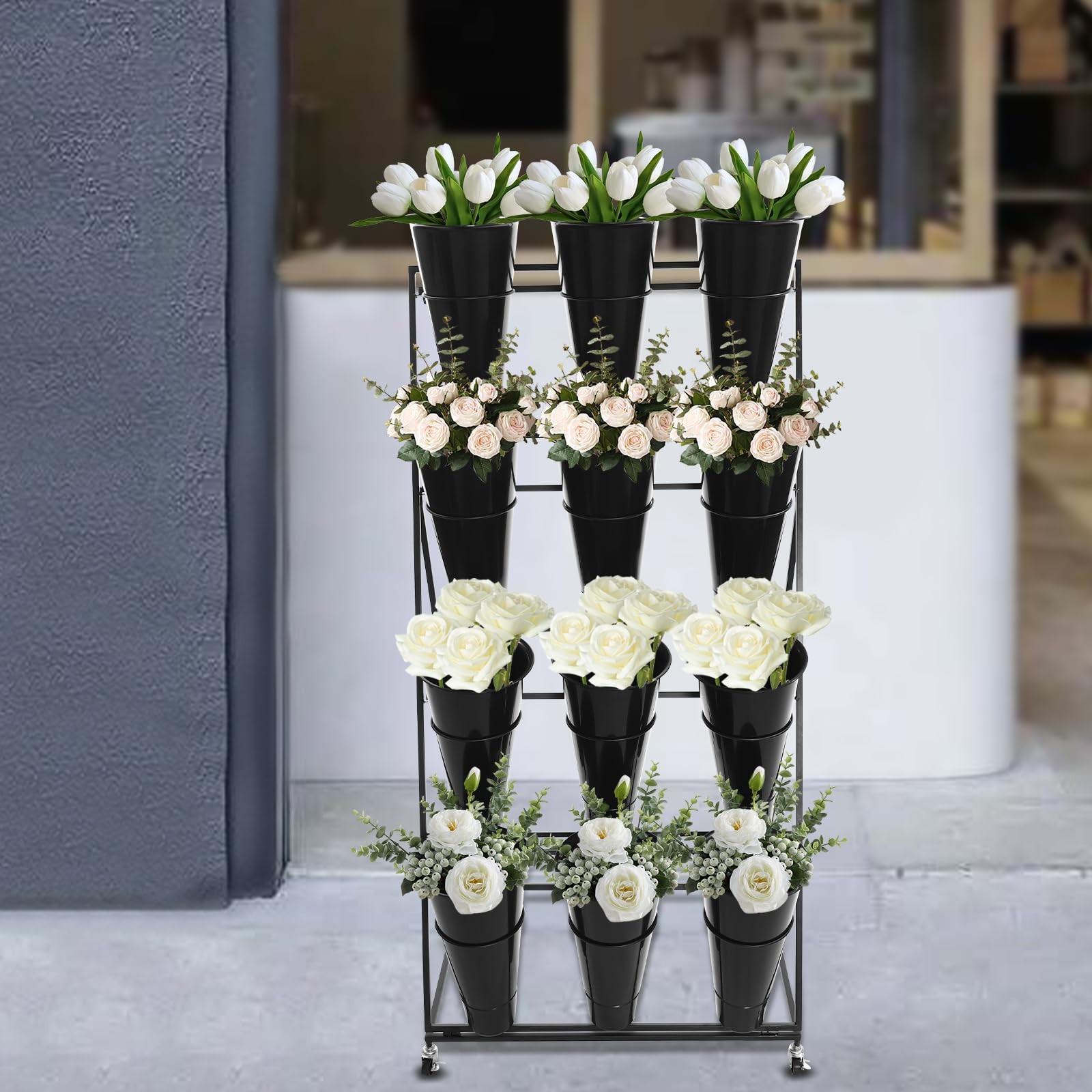 4 Tier Metal Flower Stand with 12 Buckets and Wheels for Florist Garden Outdoor