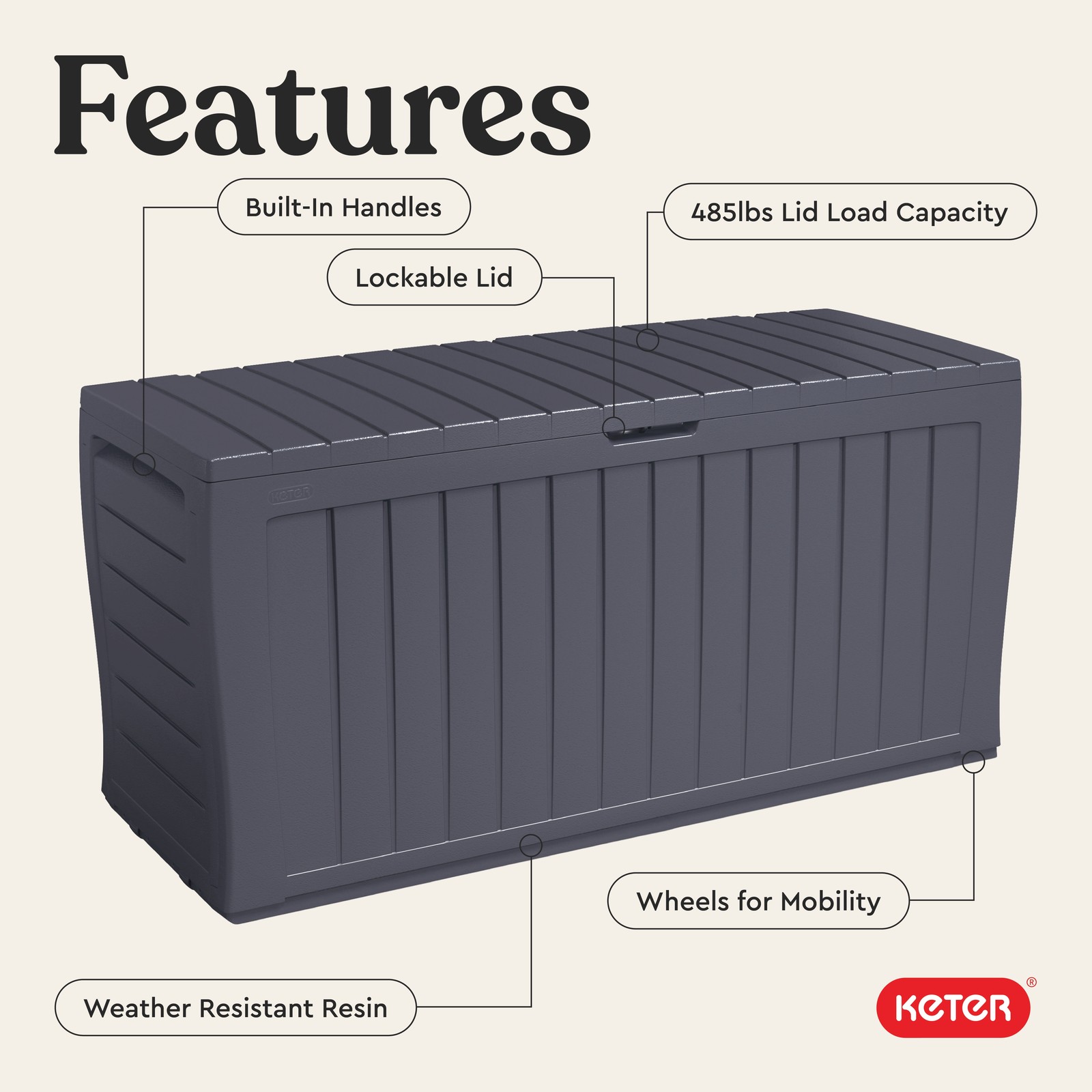 Keter Marvel Plus 71 Gallon Resin Outdoor Storage Box with Wood-Look Texture,