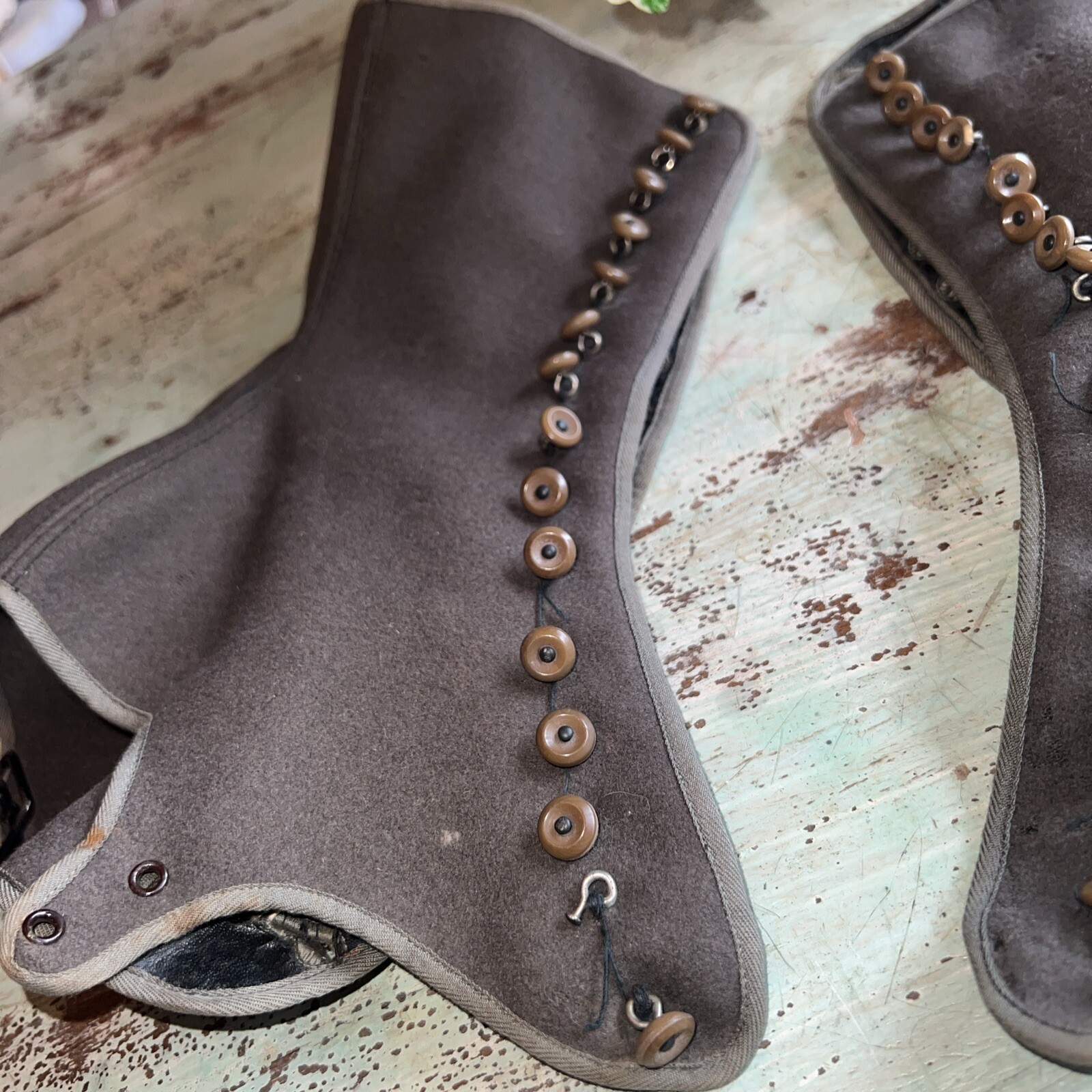 Antique Wool High 15 Button Foot Buckle Strap Pair of Spats.