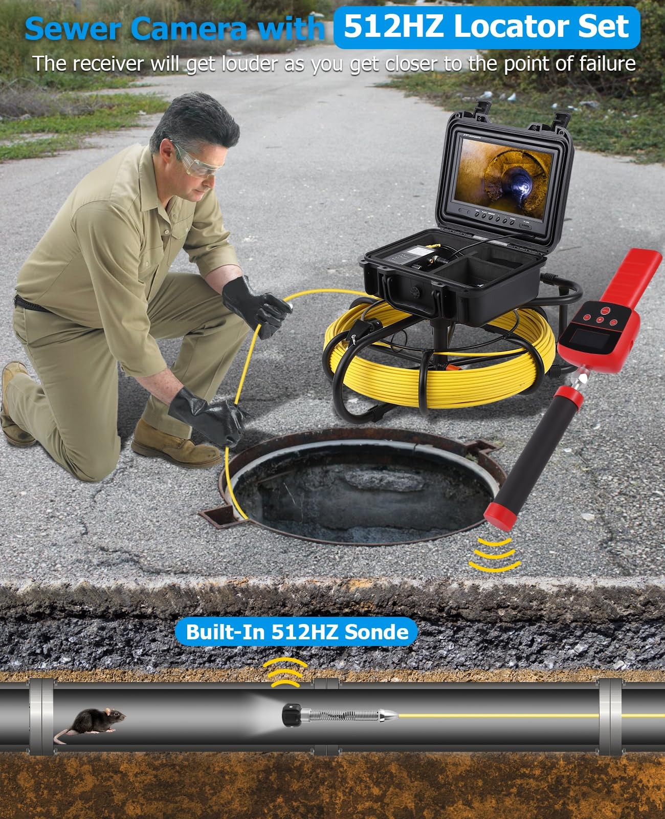 Sewer Camera with 512Hz Locator, 165FT/50M Pipe Inspection Camera with 9"