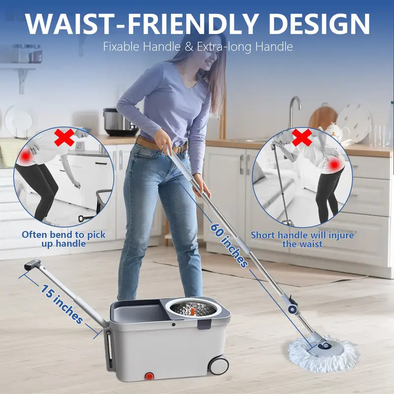 60" Mop and Bucket Wringer Set Household Cleaning w/6PCS Mop Pads+1 Scrub Brush