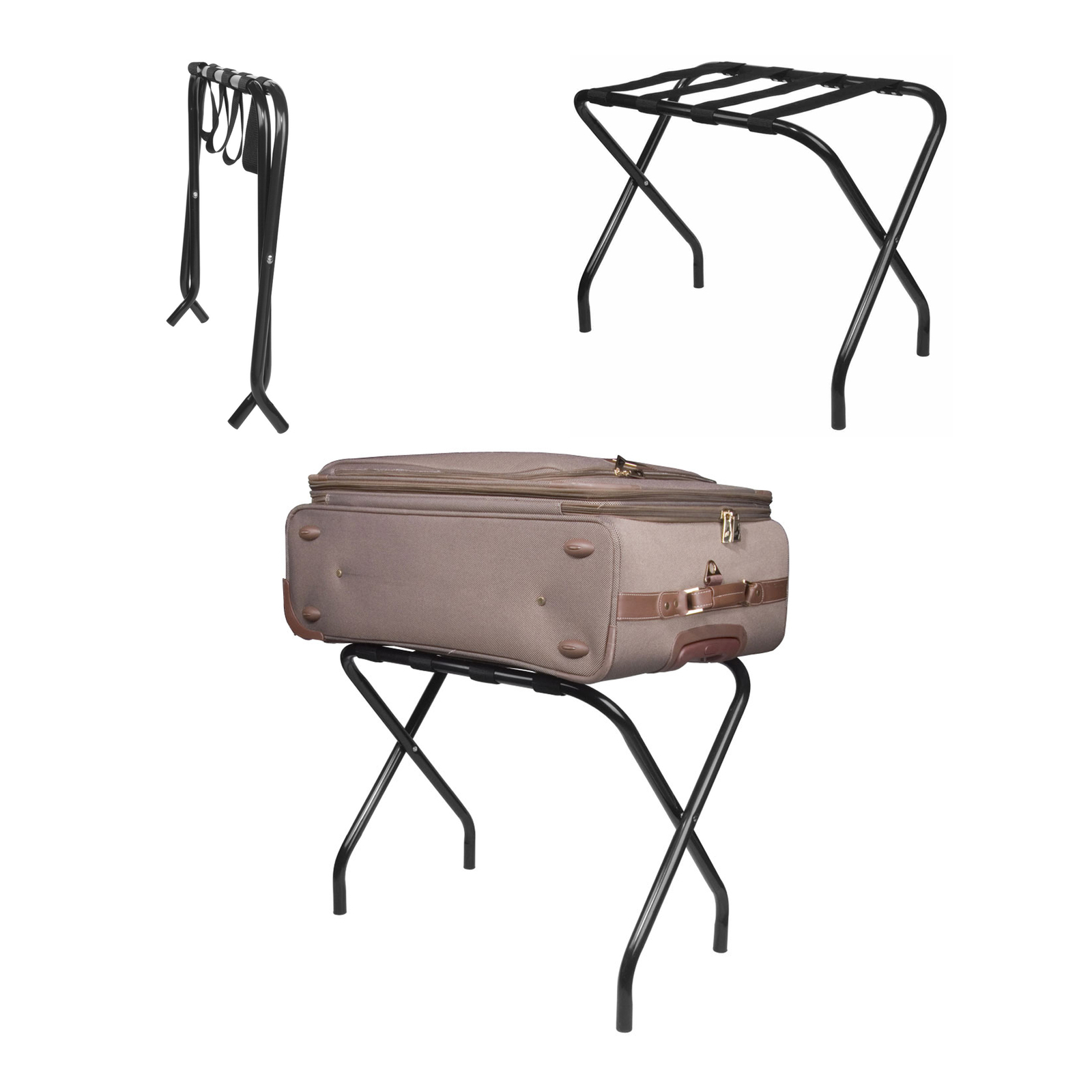 Kings Brand Furniture - Black Metal Foldable Luggage Rack Stand with Nylon Belts