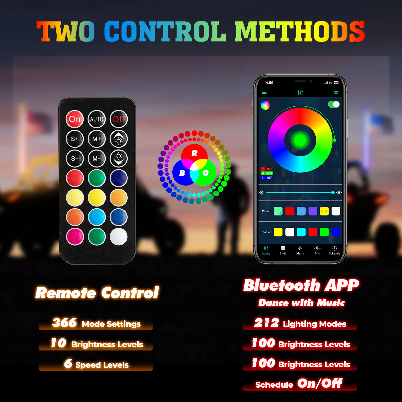 KEMIMOTO Pair 3ft RGB Bluetooth LED Spiral Whip Lights Antenna Chase for UTV ATV