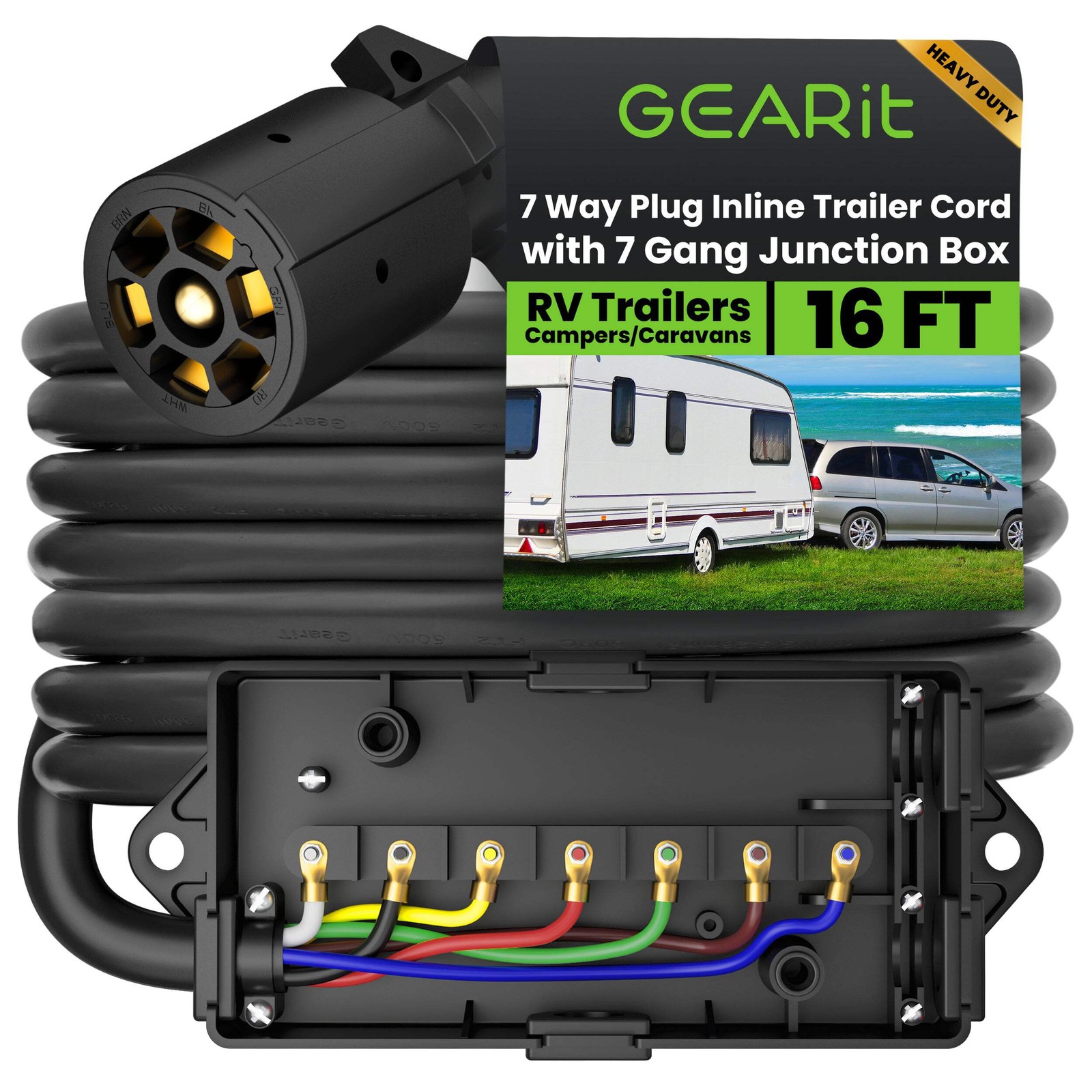 GEARit 8-16ft Trailer Cord 7 Way Plug Inline Junction Box Wiring Harness Kit