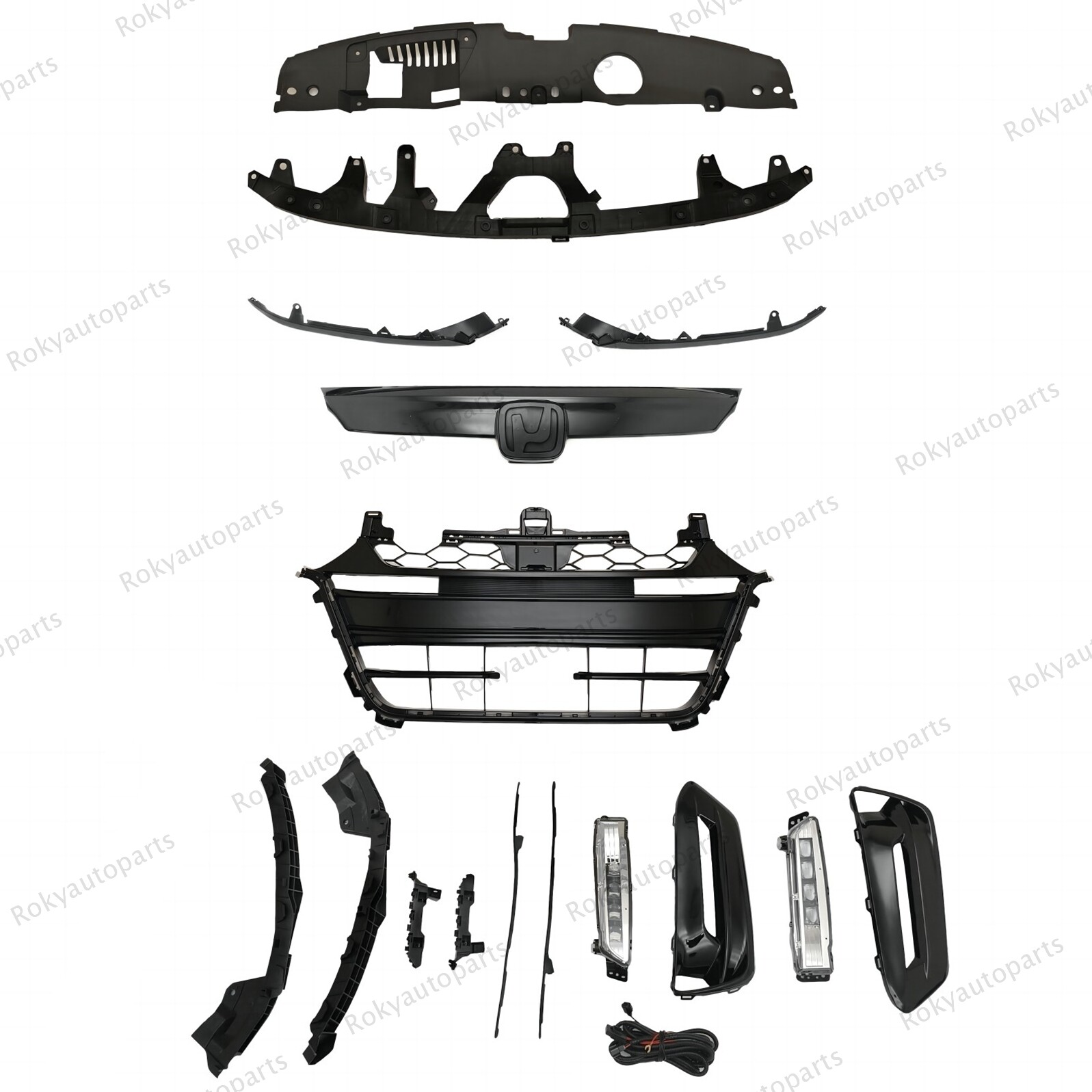 For Accord Sport 2018-2020 Gloss Black Grille Fog Light Trim Bumper Brackets Set