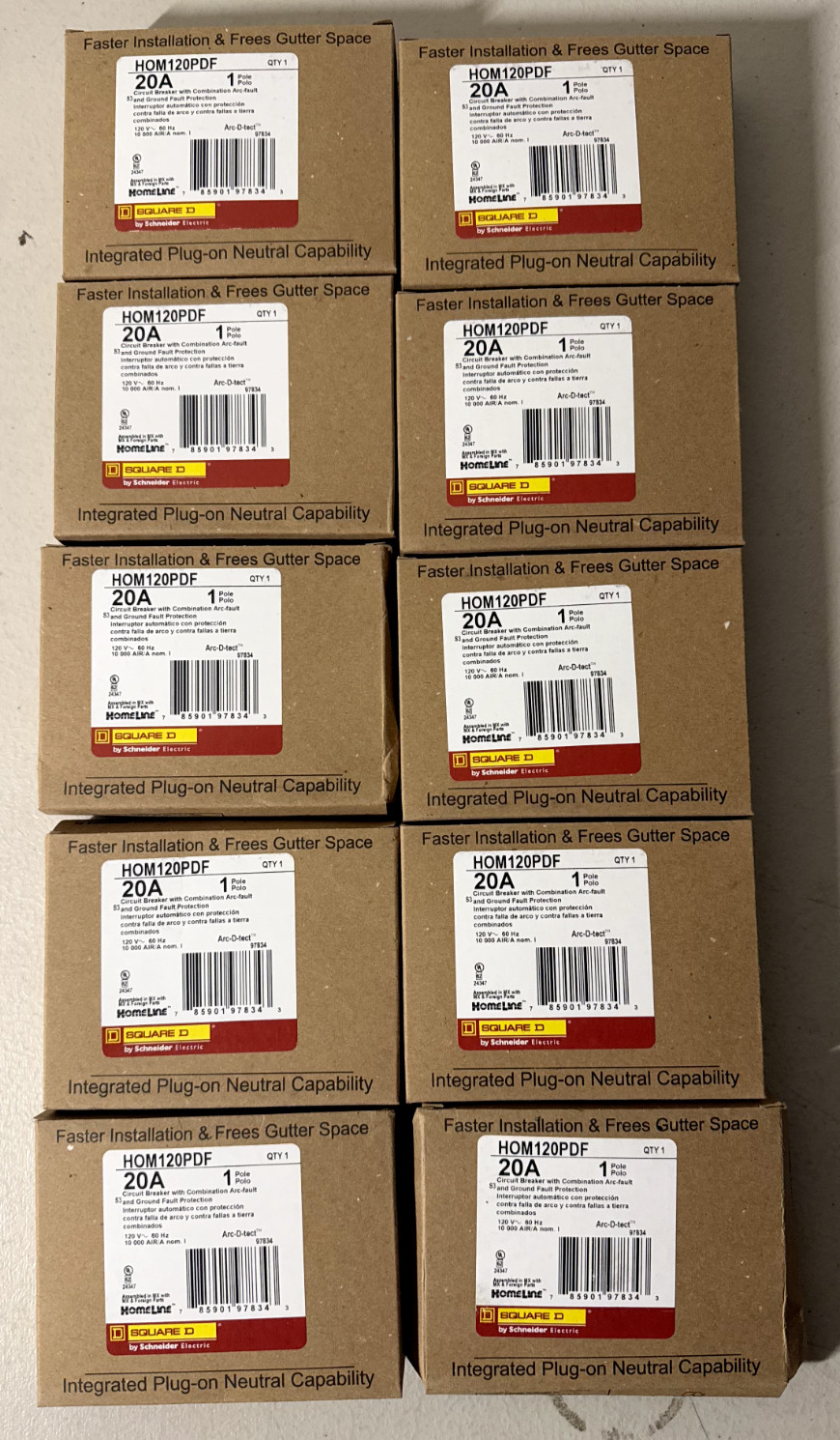 10 PCS Square D HOM120PDF 120V 20A Single-Pole Circuit Breaker