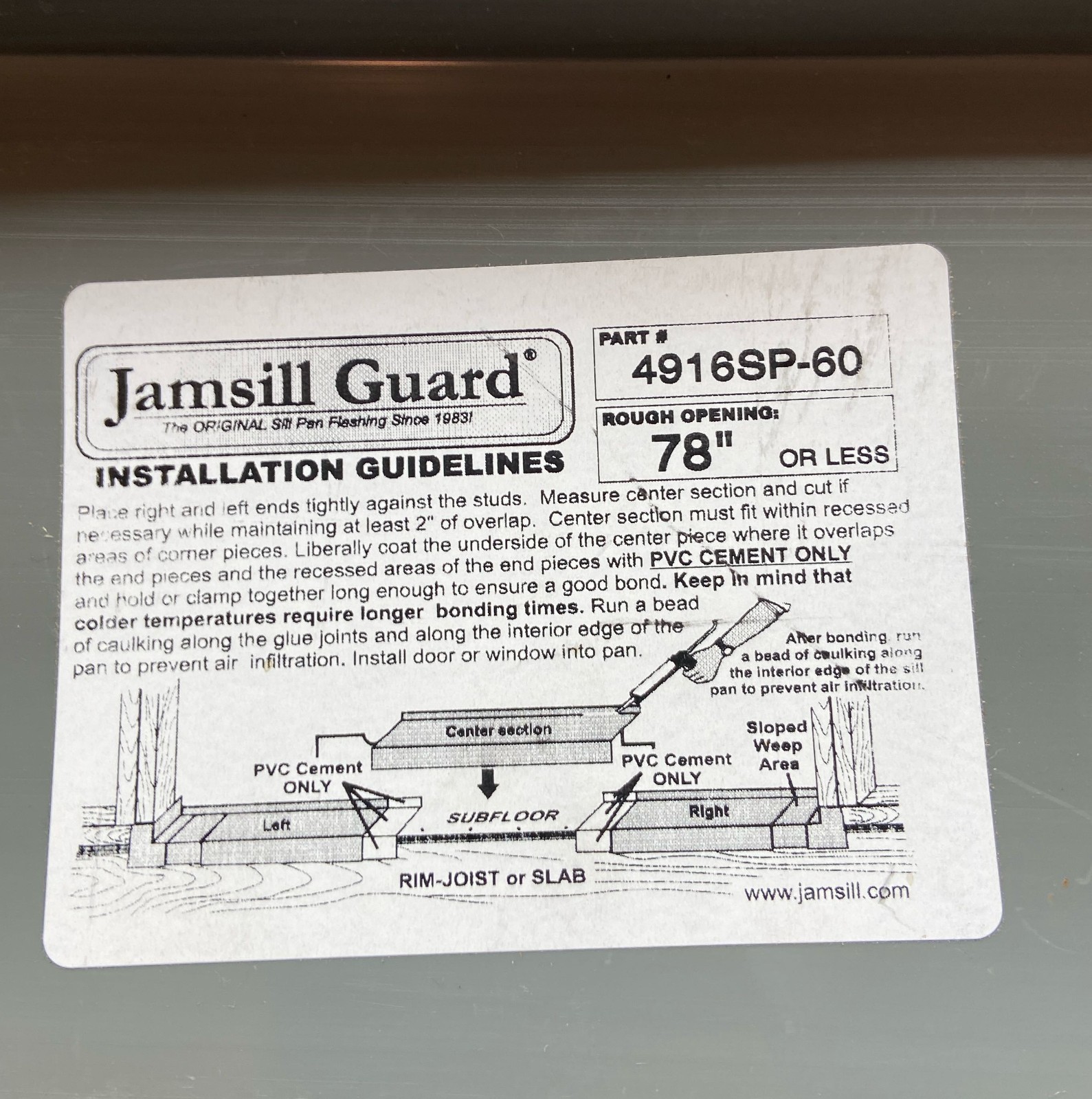 Jamsill Guard 4-9/16" Adjustable Sill Pan Flashing, Up to 78" RO, Gray (4916SP-6