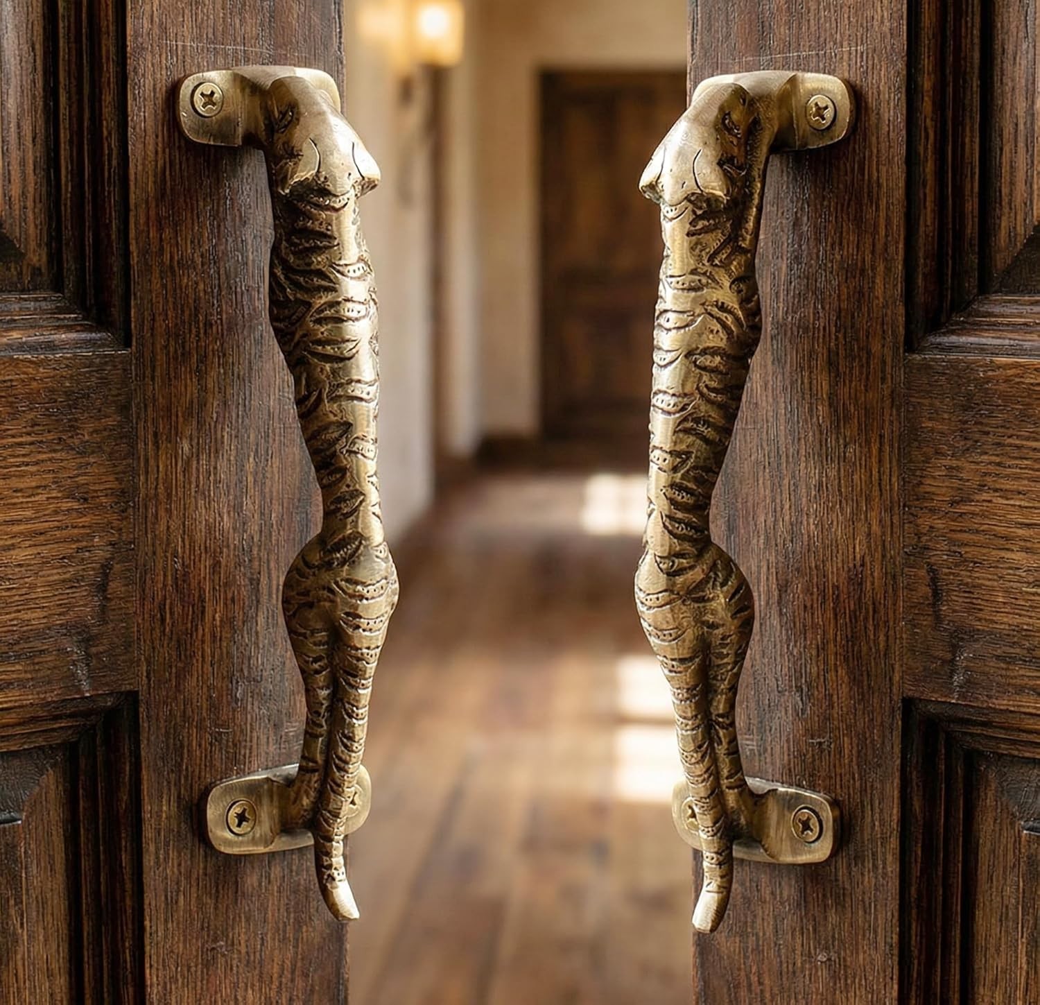 Set of 2 Antique Look Golden Brass Jaguar/Tiger Door Pull Door Handle