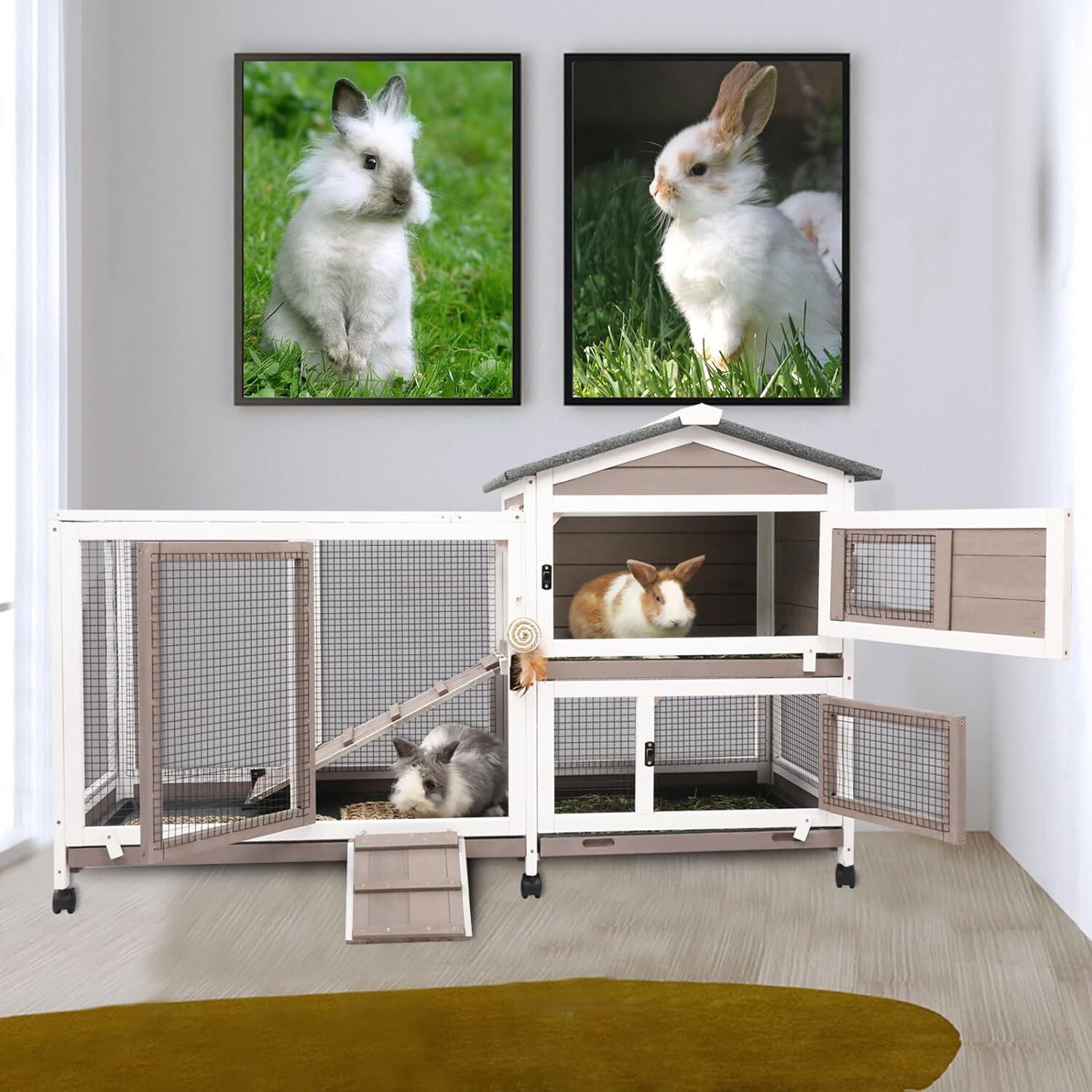 PETSCOSSET Rabbit Hutch Indoor Outdoor 2 Story Bunny Cage Rabbit Cage with Wheel