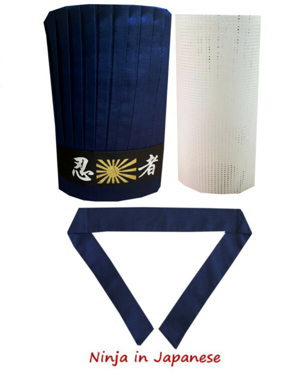 Hibachi chef tall hat set, hibachi chef hat set, Ninja headband, necktie, net