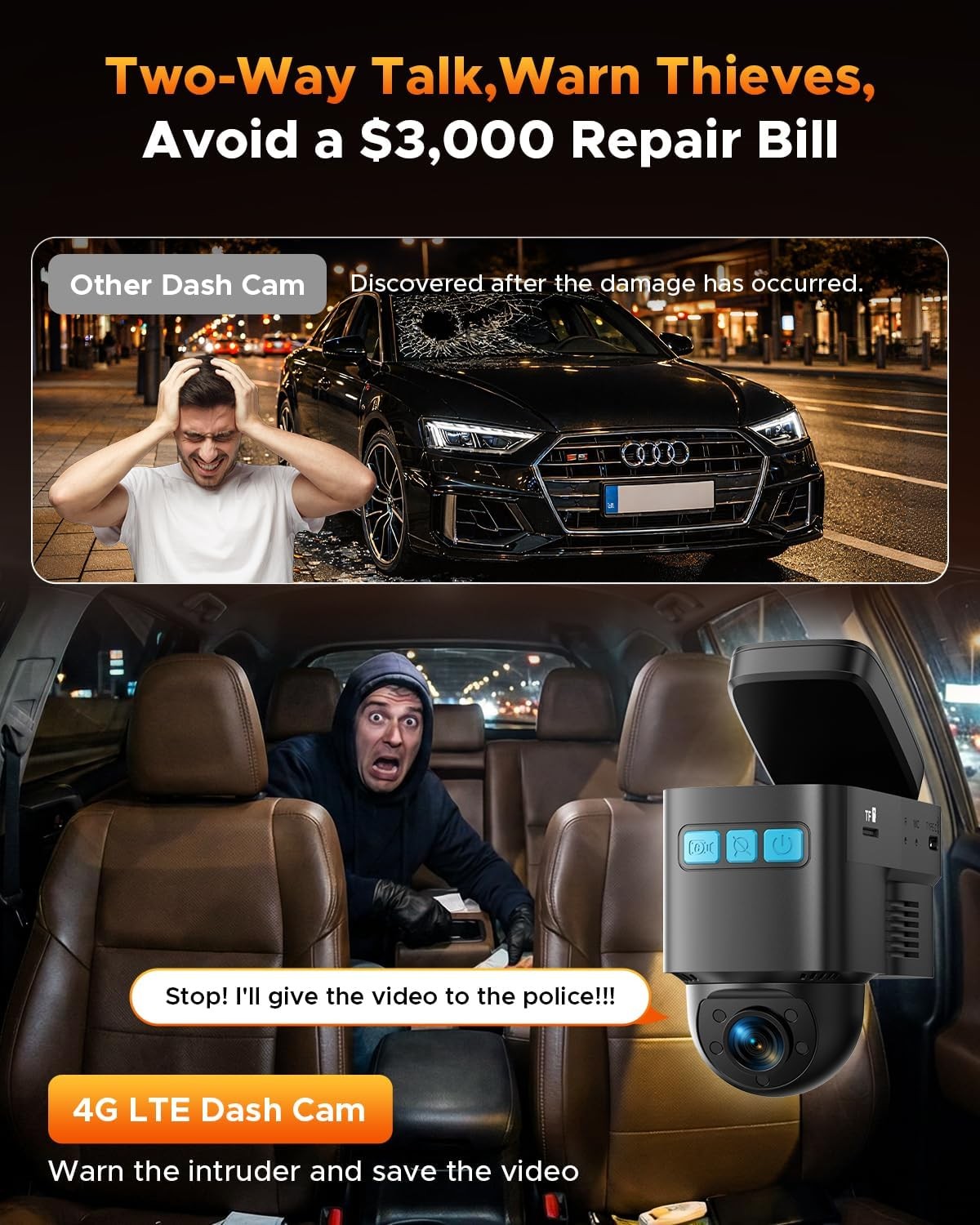 4G LTE Cellular Dash Cam with Live Streaming & GPS Tracking - Dual Car Security