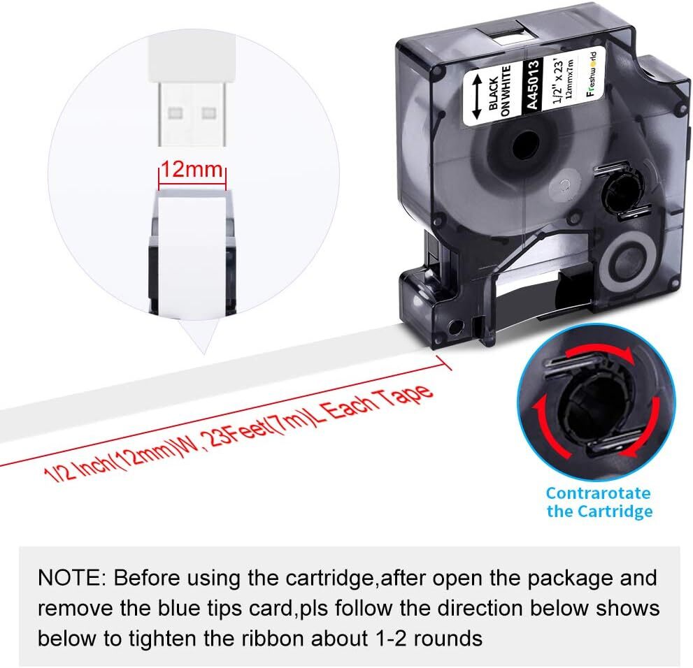 5x Dymo D1 Label Tape 45013 Black on White 1/2 Inch x 23 Feet Compatible product