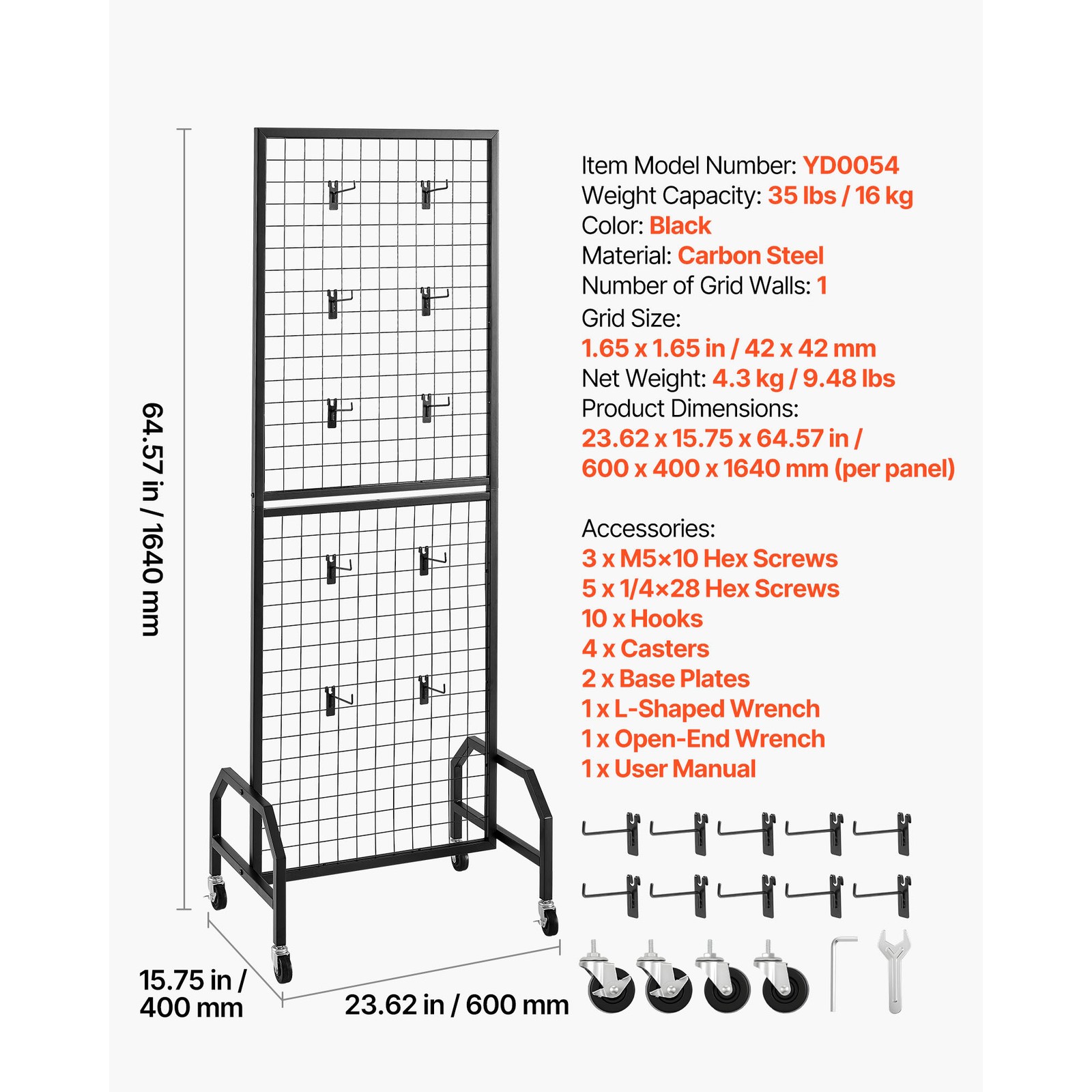 Uimoso Grid Wall Panel 1.9 x 5.4 ft Wire Display Rack with Wheels and 10 Hooks