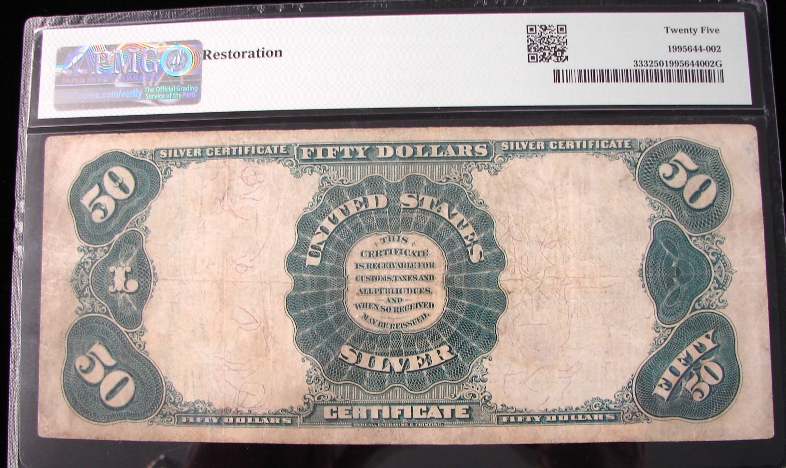 *1891 $50.00 SILVER CERTIFICATE Fr#333 "RARE LOW MINTAGE" - 25 REST. PMG*