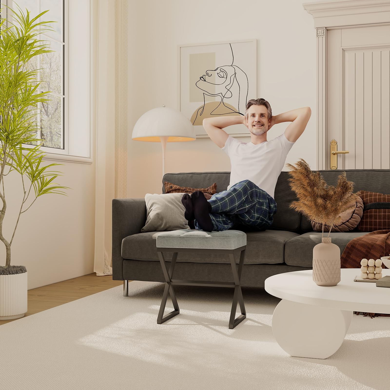 Vanity Stool, Linen Footrest, Ottoman Bench with X-Shaped Metal Legs, Makeup ...