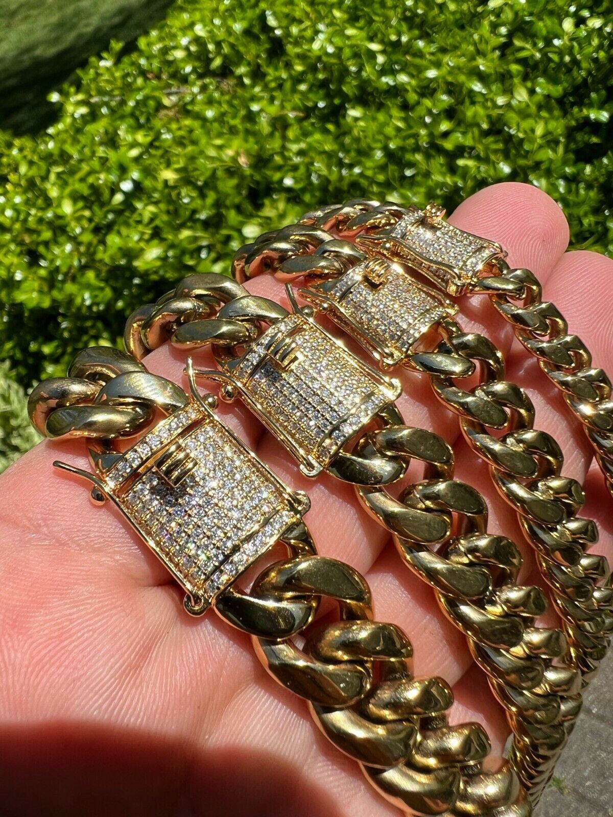 Real Miami Cuban Link Bracelet 1ct CZ Iced Clasp 14k Gold Plated Stainless Steel