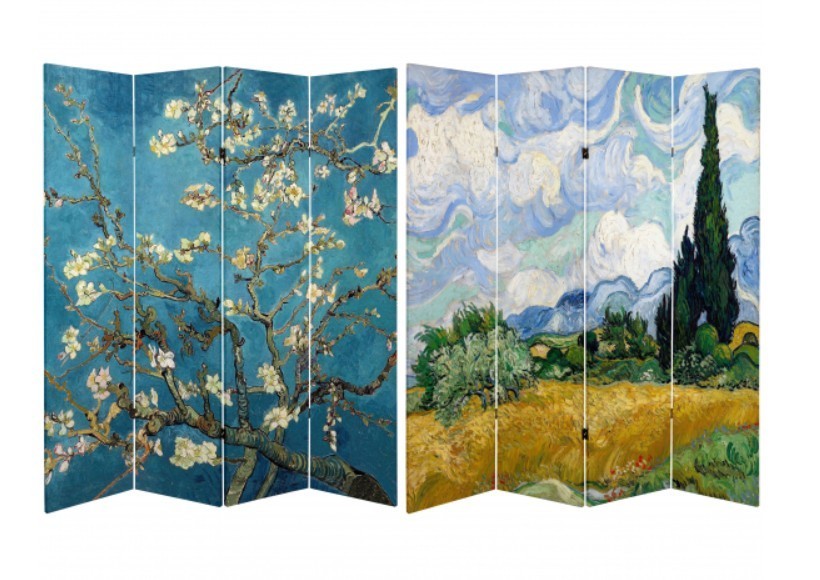Double-Sided Van Gogh Canvas Room Divider 6′ Tall, Almond Blossoms/Wheat Field